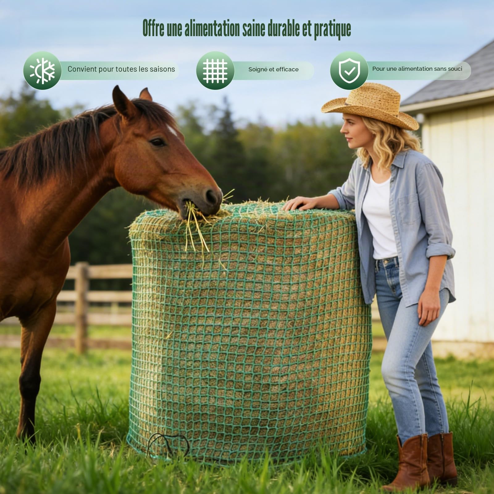 Filet à Foin pour Balles Rondes, Ø 150 cm Hauteur 150 cm Grand Filet à Foin pour Chevaux Filet à Foin à Mailles Fines 5 x 5 cm Filet Robuste pour Balles Rondes avec Sac Rangement