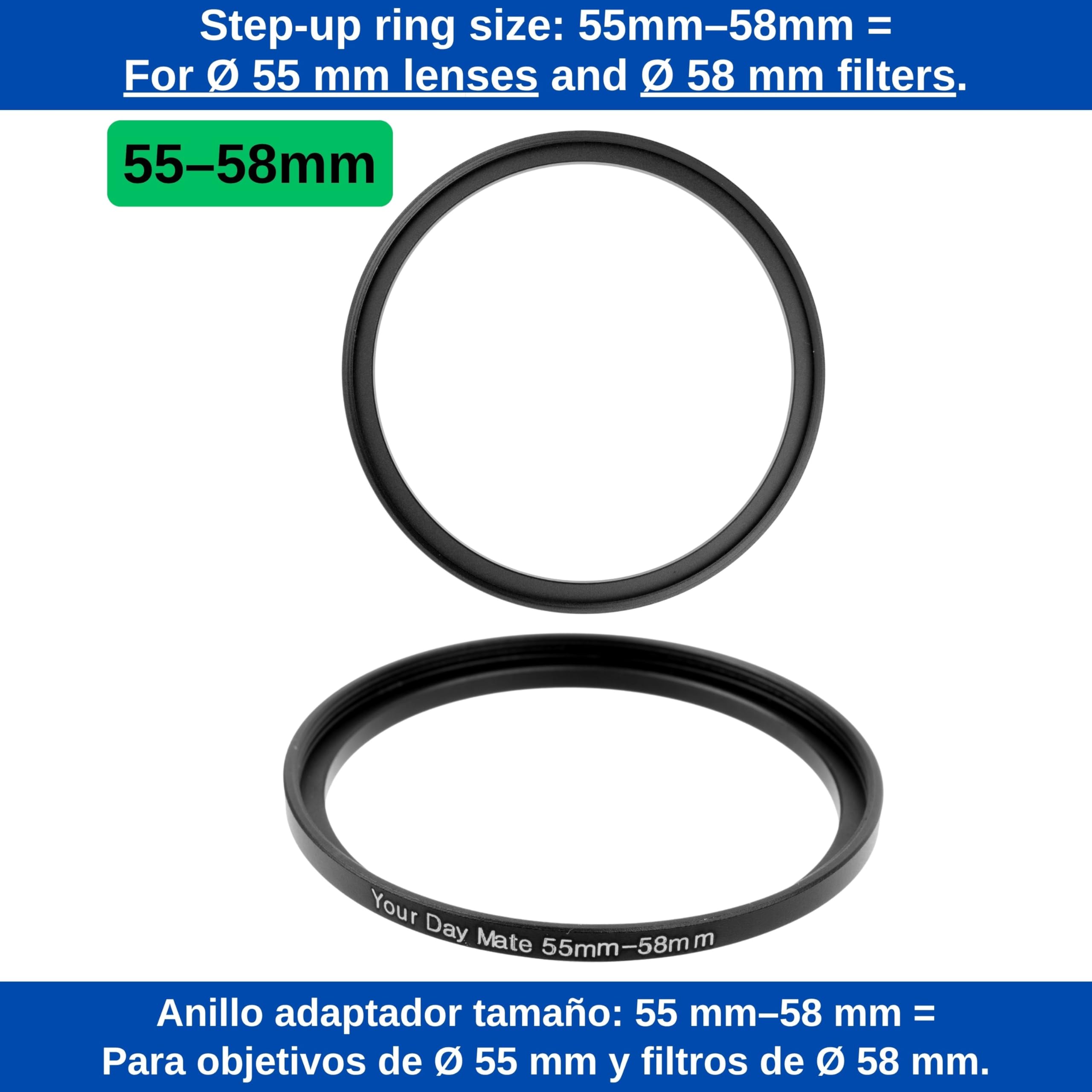 Step Up pierścień, 1 sztuka, Ø 55 do 58 mm średnicy, ultra cienki design, z aluminium, do obiektywu Ø 55 mm i filtra Ø 58 mm, adapter do filtra do aparatu, adapter filtra, pierścień obiektywu Stepup