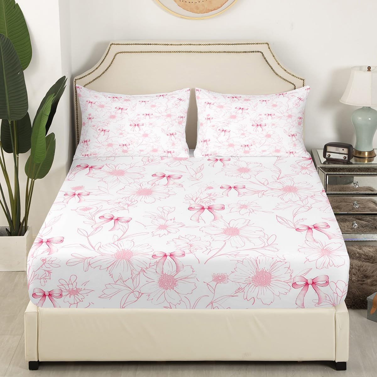 Pink Bow Full Size Fitted Sheet,Natural Rustic Daisy Flowers Hand Graffiti White 3 Pieces Kids Teenager Room Decor Dreamy Princess Style Bowknot Pocket 2 Pillowcases(No Flat Sheet)