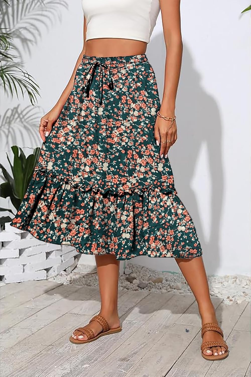 Womens Floral Midi Skirt A-Line High Waist with Pockets Pleated Beach Summer Skirt - Image 4
