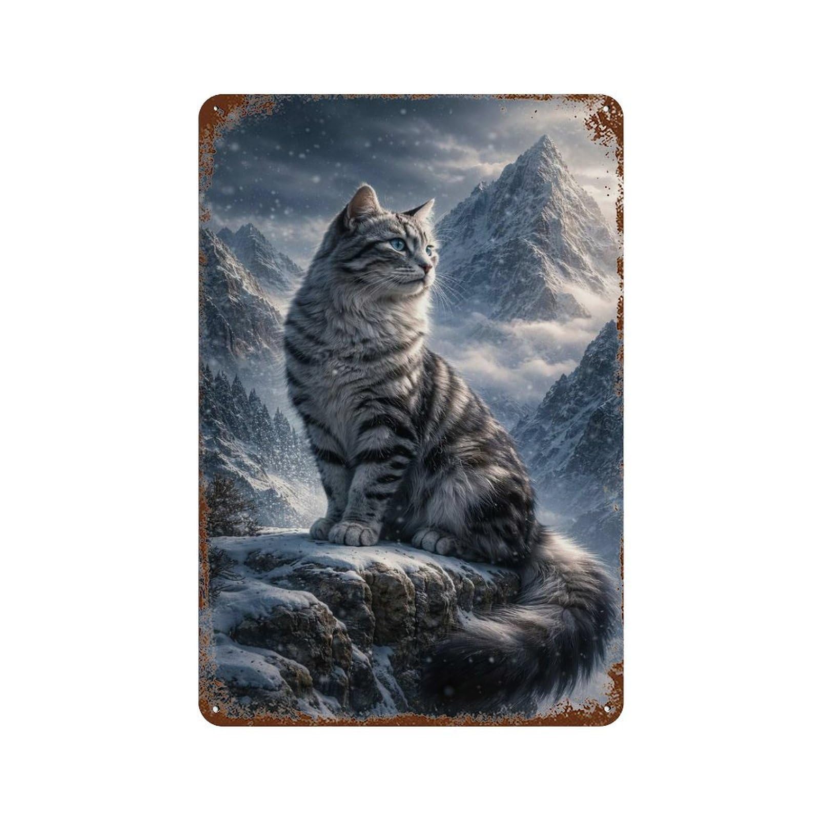 Cat in Snowy Mountain Landscape Retro Metal Sign 11.8"x7.9", Decorative Metal Wall Art for Basement, Hobby Room And Garage Decor