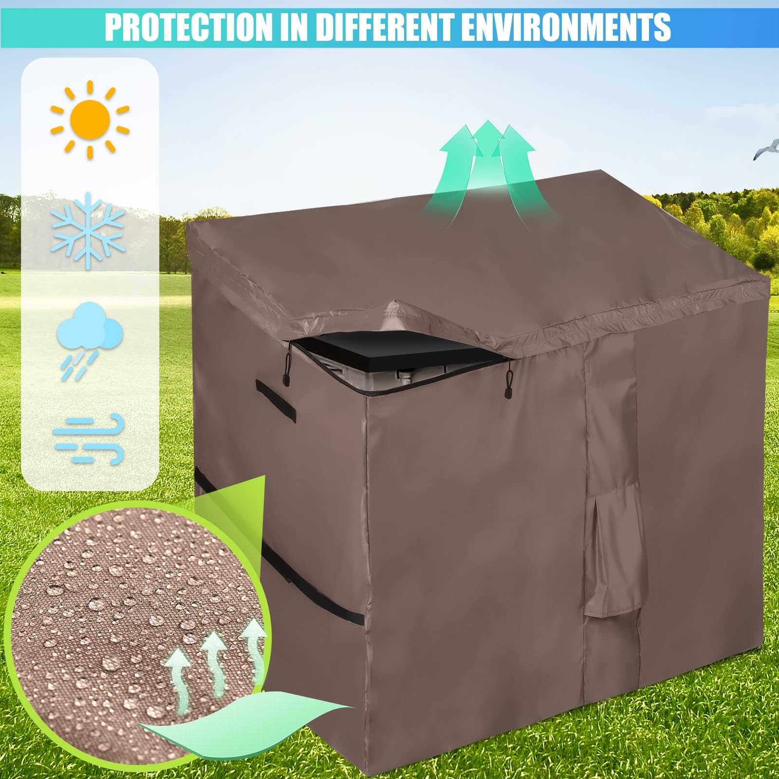 Housse Imperméable pour Abri de Jardin, Bâche de Coffre de Rangement Extérieur avec Dessus à Ouverture Facile, Pour la Série Store It Out, 420D Oxford Brun (147*86*125cm)