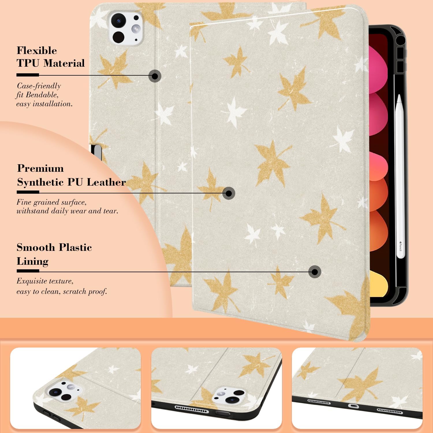 MAYCARI Fall Gold Gray Maple Leaves iPad Case for iPad Pro (M4) 2024 13 Inch with Pencil Holder Handmade iPad Pro 5th Generation Case Autumn Fine Grained iPad Protecitve Hard Case with Auto Wake/Sleep