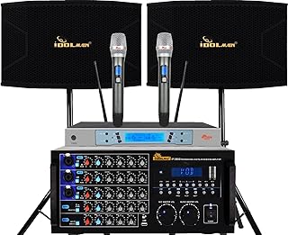 IDOLpro 2600W Mixing Amplifier with HDMI/Recording/USB/Bluetooth/Equalizer Built-in Plus Vocal Speakers and Dual Wireless Microphone Home Karaoke Package Bundle