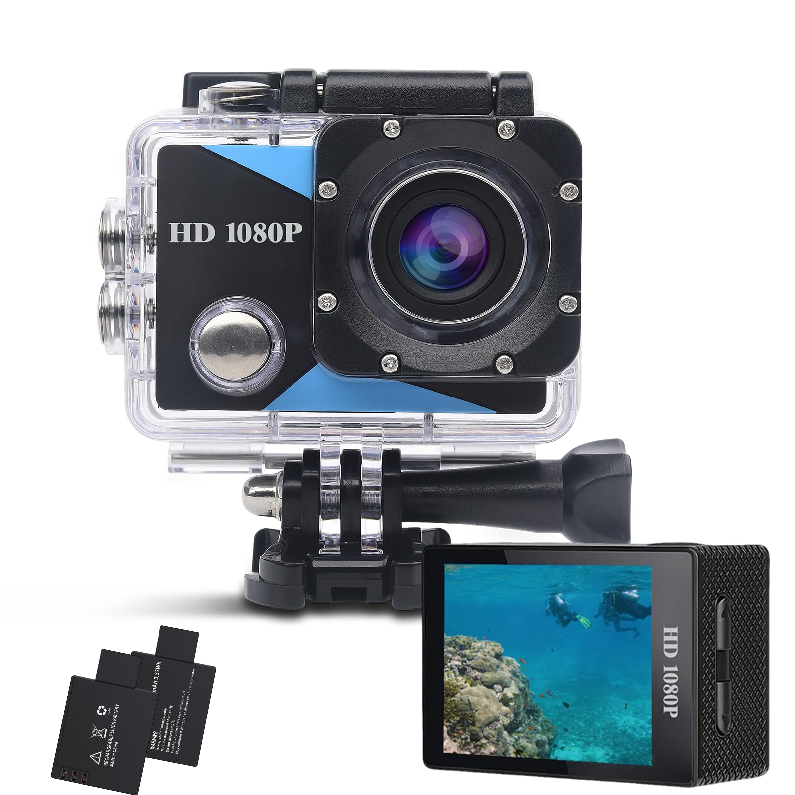 Caméra Sport 1080P 12MP 2" Écran LCD Étanche 30M avec Batteries et Accessoires Vélo