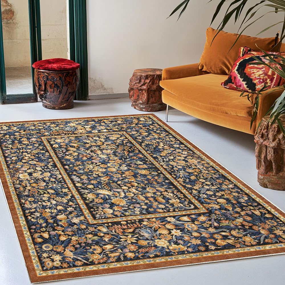 Tapis de cuisine et terrasse 120x160 cm à motif floral rétro jaune