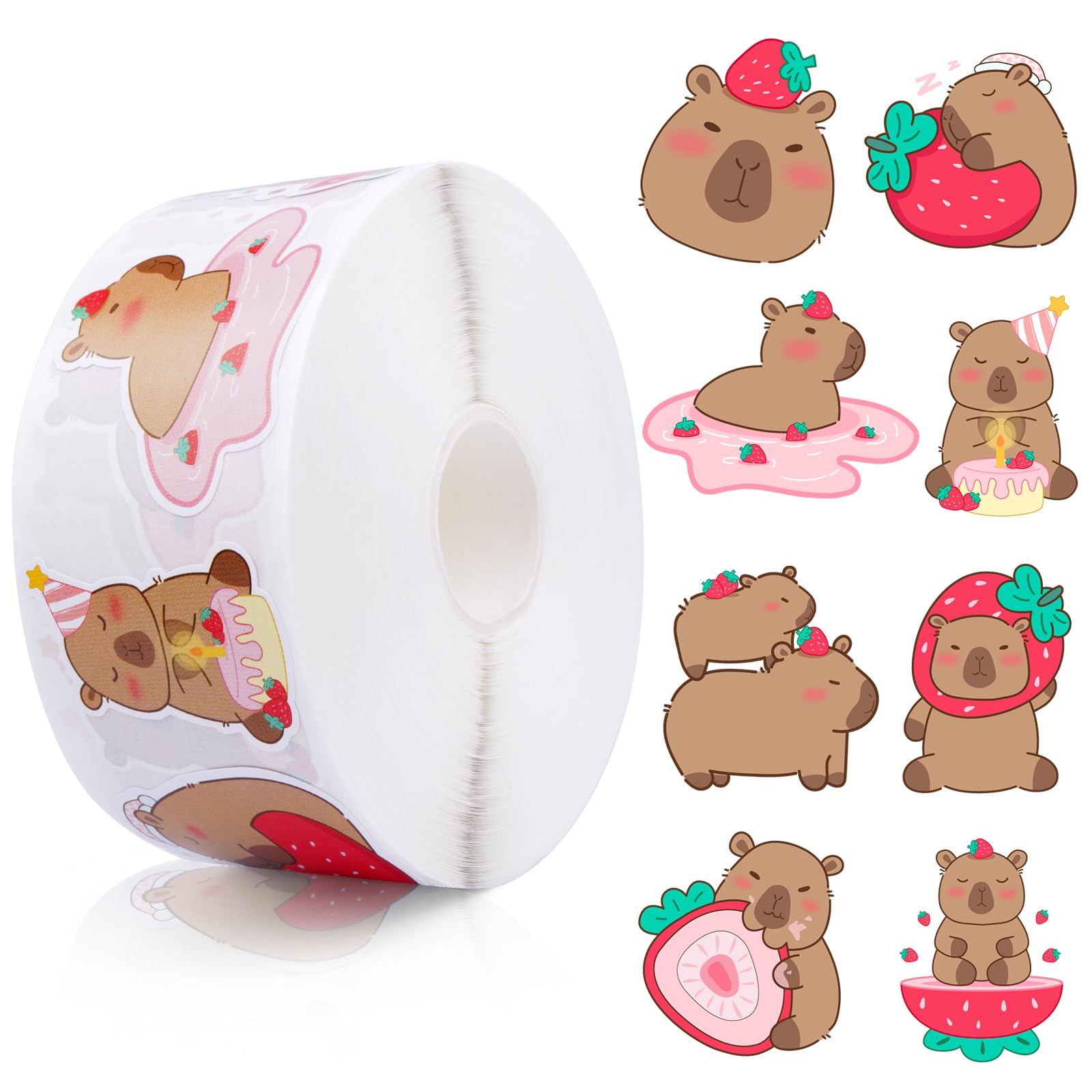 Capybara Stickers Roll, 1000Pcs Cute Animal Stickers for Kids 8 Patterns Strawberry Capybara Gifts, Teacher Reward Classroom Supplies Decals for Water