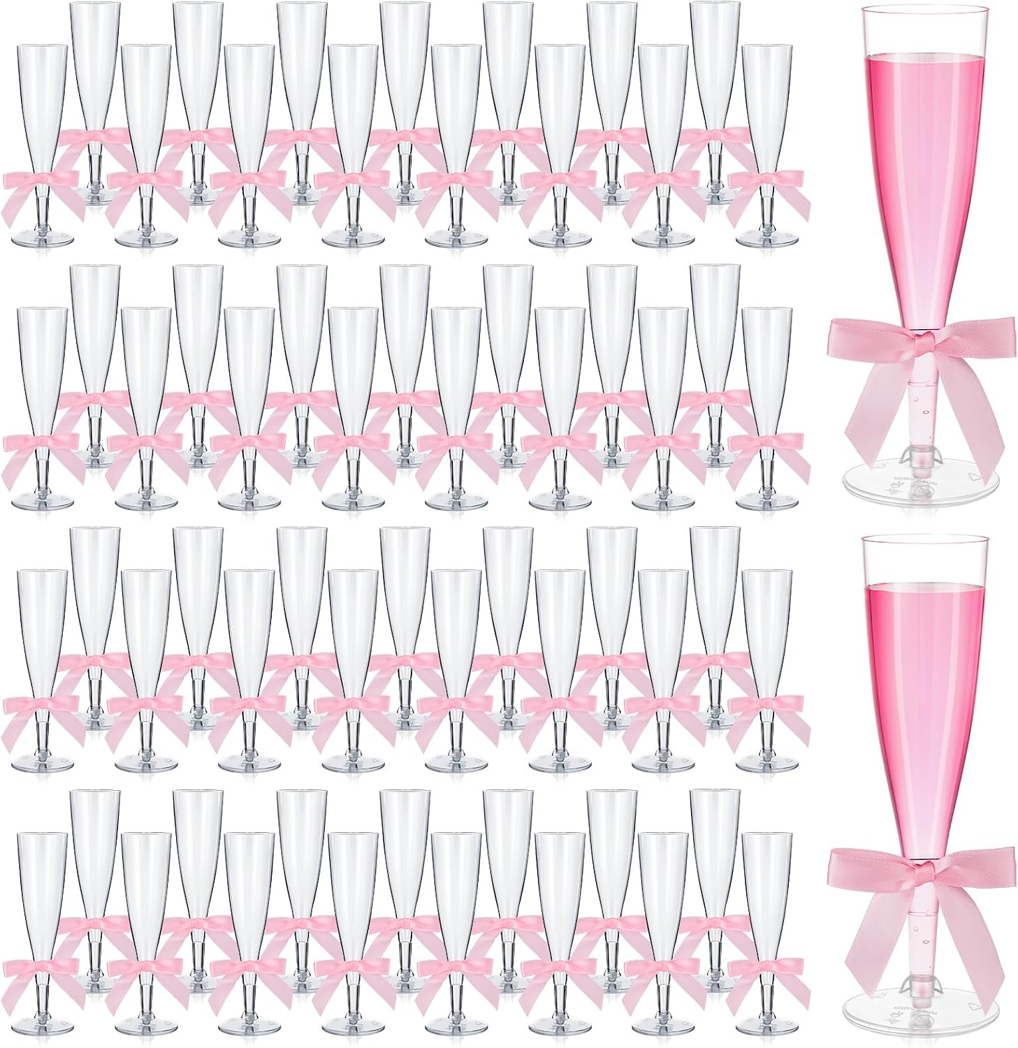 Reallnaive 60 Sets Champagne Flutes with Pink Bows Coquette Party Supplies, 5 oz Plastic Disposable Wine Glasses Reusable Champagne Glass for Valentine Wedding Anniversary Birthday Engagement Party