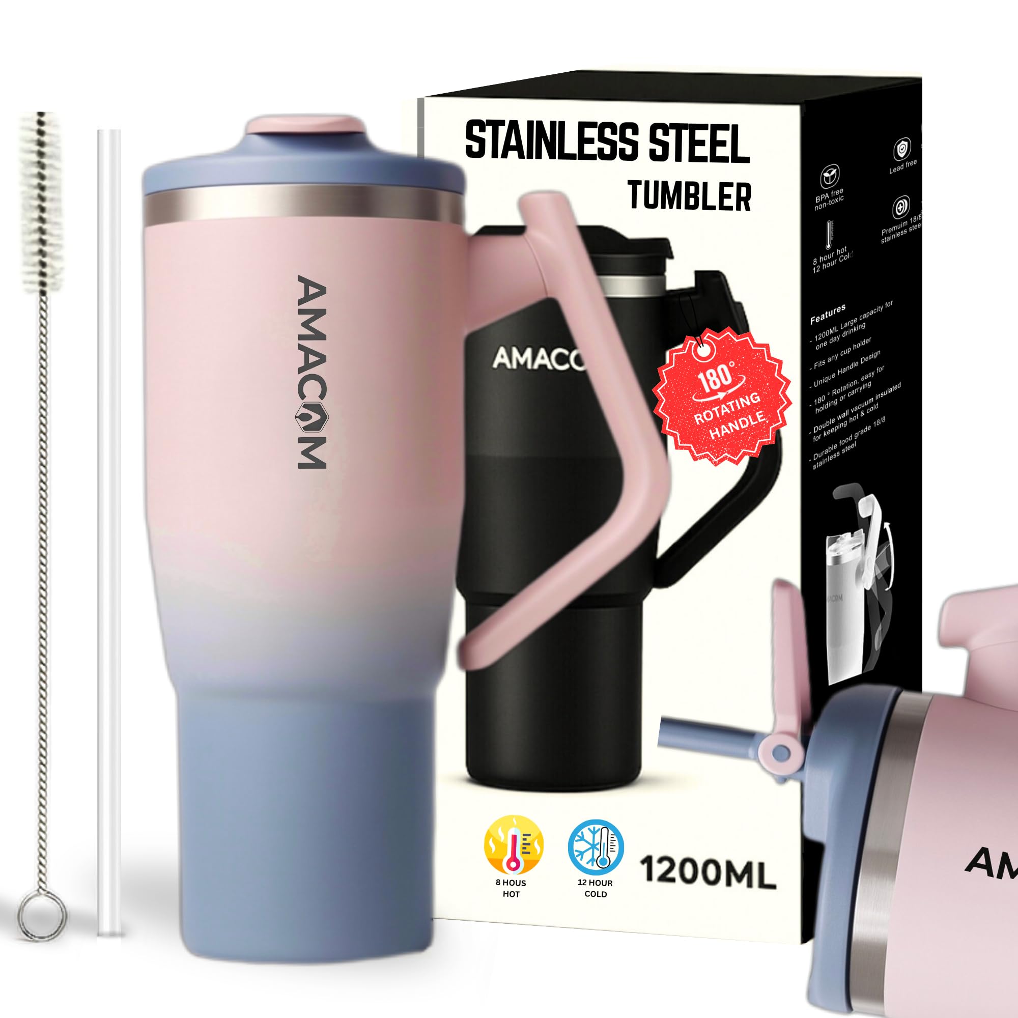 Amacom Insulated Stainless Steel 1.2 L Tumbler With Lid and Straw | 100% Leak‑Proof Hot & Cold Travel Mug For Office, Gym, Home, Car Cup Holder | Double Wall Vacuum Sipper With Rotating Handle (Candy)
