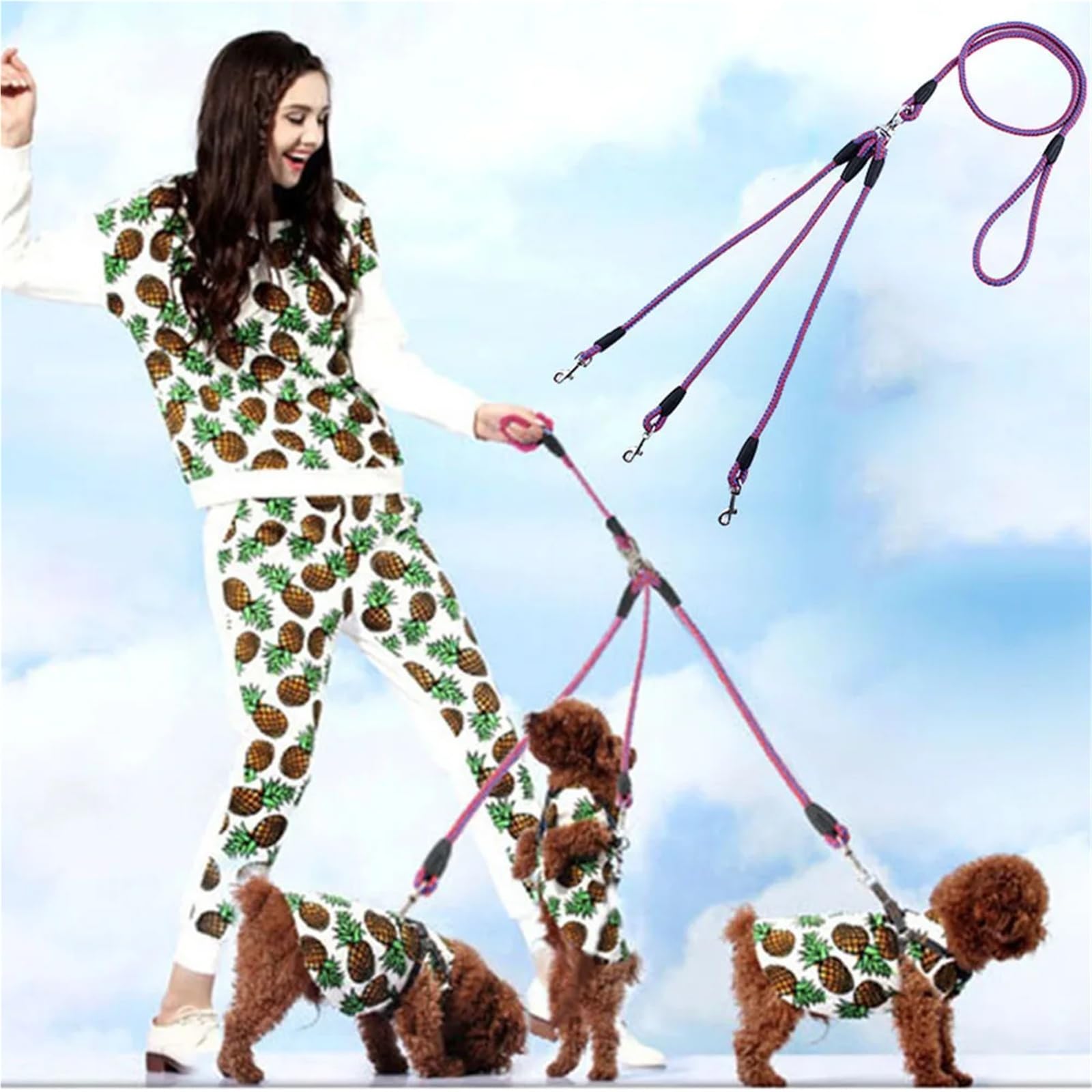 Acoplador de correa de perro de 3 vías, divisor sin enredos para pasear perros y gatos pequeños, cuerda de tracción triple para un fácil control y comodidad durante las actividades al aire libre