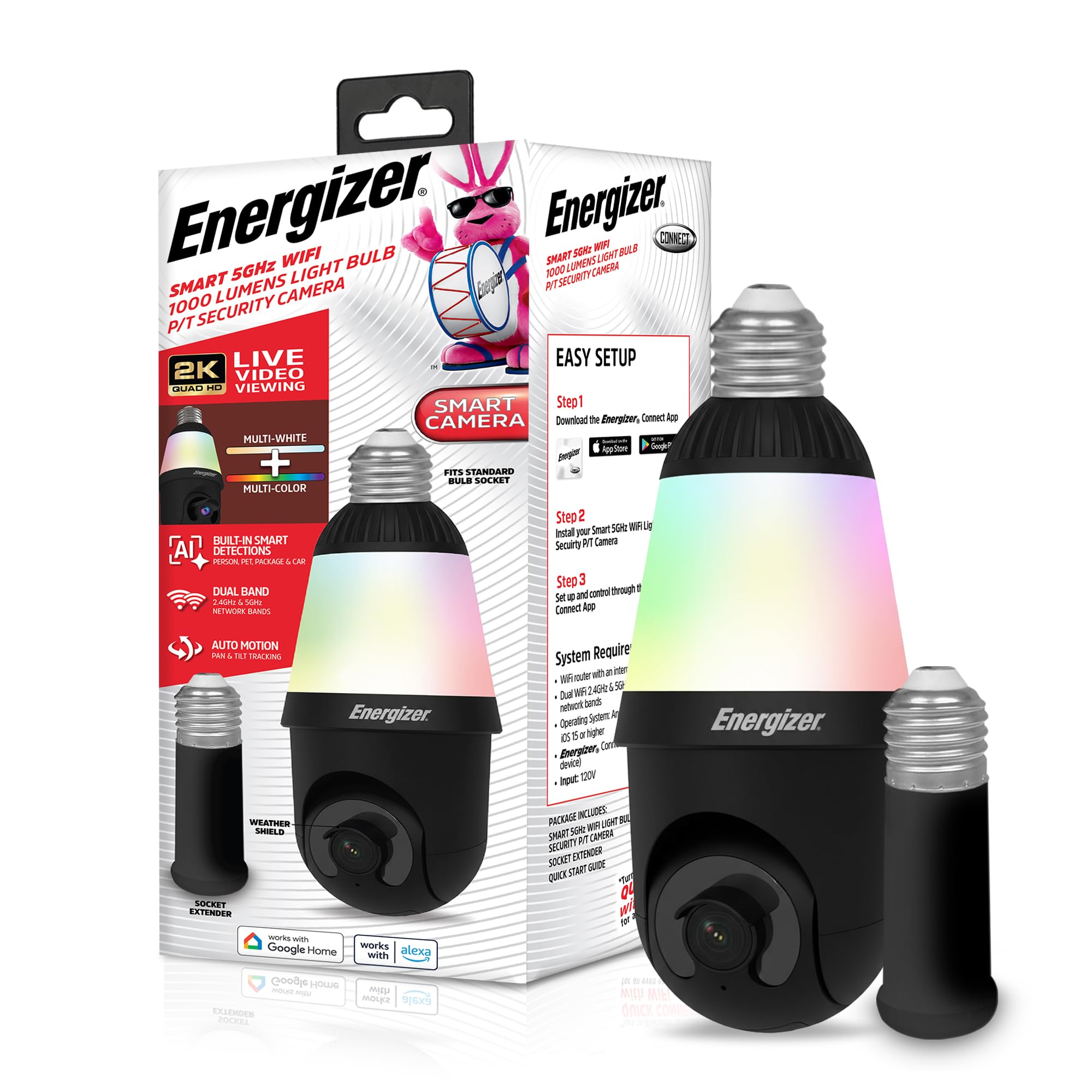 Photo 1 of Energizer Smart 2K Light Bulb Security Camera, 1000 Lumens LED Light, 5G&2.4G Wi-Fi Outdoor Socket Camera, Pan Tilt Auto Tracking, (Black, AI Smart Detection Built-in)