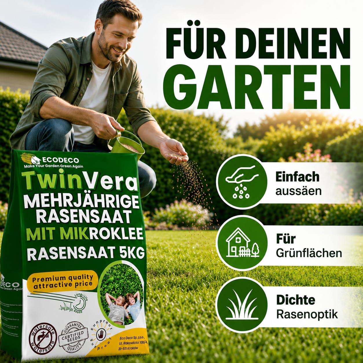 Semillas Cesped Resistente con Trebol Enano 25kg para 1000m² - Mezcla de Crecimiento Rapido y Cesped Natural - Ideal para Jardin Sombra y Sol