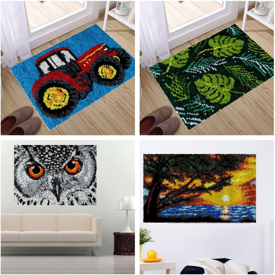Fox Grass Latch Hook Rectangle Rug Kits for Adults Needle Crochet Yarn Embroidery Carpet Hook and Latch Kit Floor Mat Tapestry Christmas Home Decoration 52x38cm