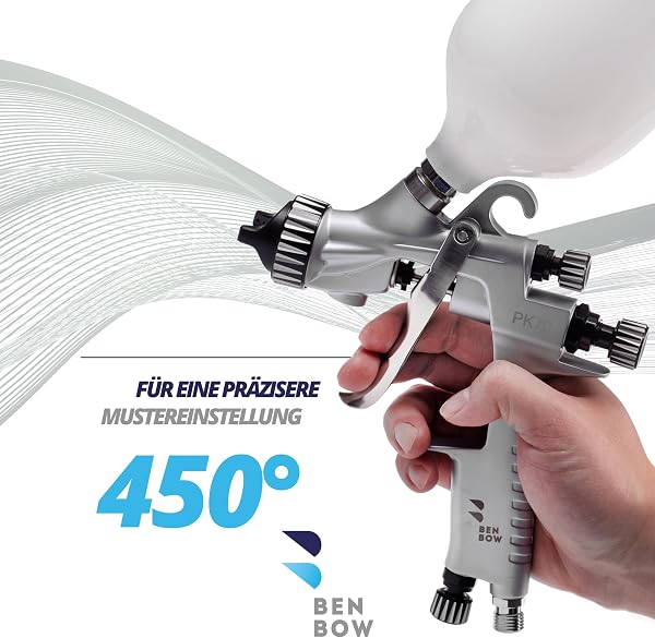 BenBow Farbspritzpistole mit Düsen-Set 1,3 + 2,0 mm - PK70 MP - Spritzpistole Kit mit 600 ml Plastikbecher - 5