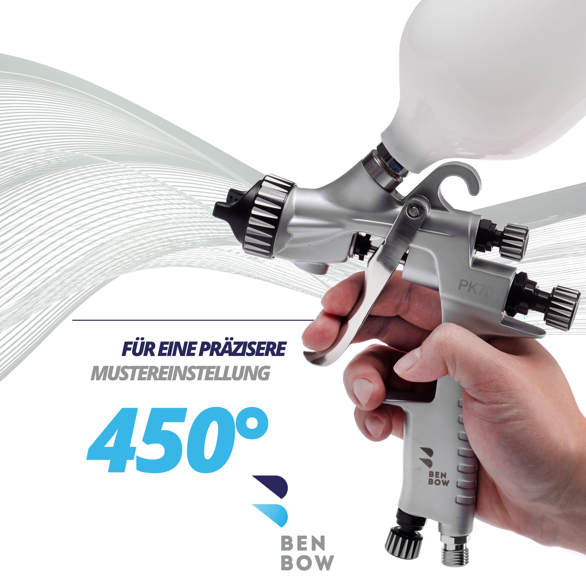 BenBow Farbspritzpistole mit Düsen-Set 1,3 + 2,0 mm - PK70 MP - Spritzpistole Kit mit 600 ml Plastikbecher - 5