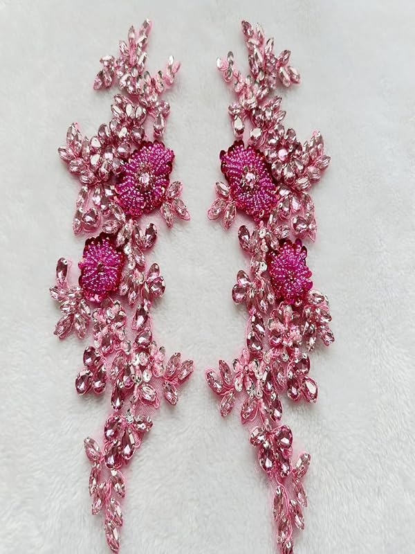 XZG.beatal Handmade Shining Rhinestones lace Applique Patches Sewing Beads Sequins Stone Trim Accessories for Wedding Dress 1 Pair/Bag 11X4.3inches (Pink Rose red) by XZG.beatal - Used condition - Image 5