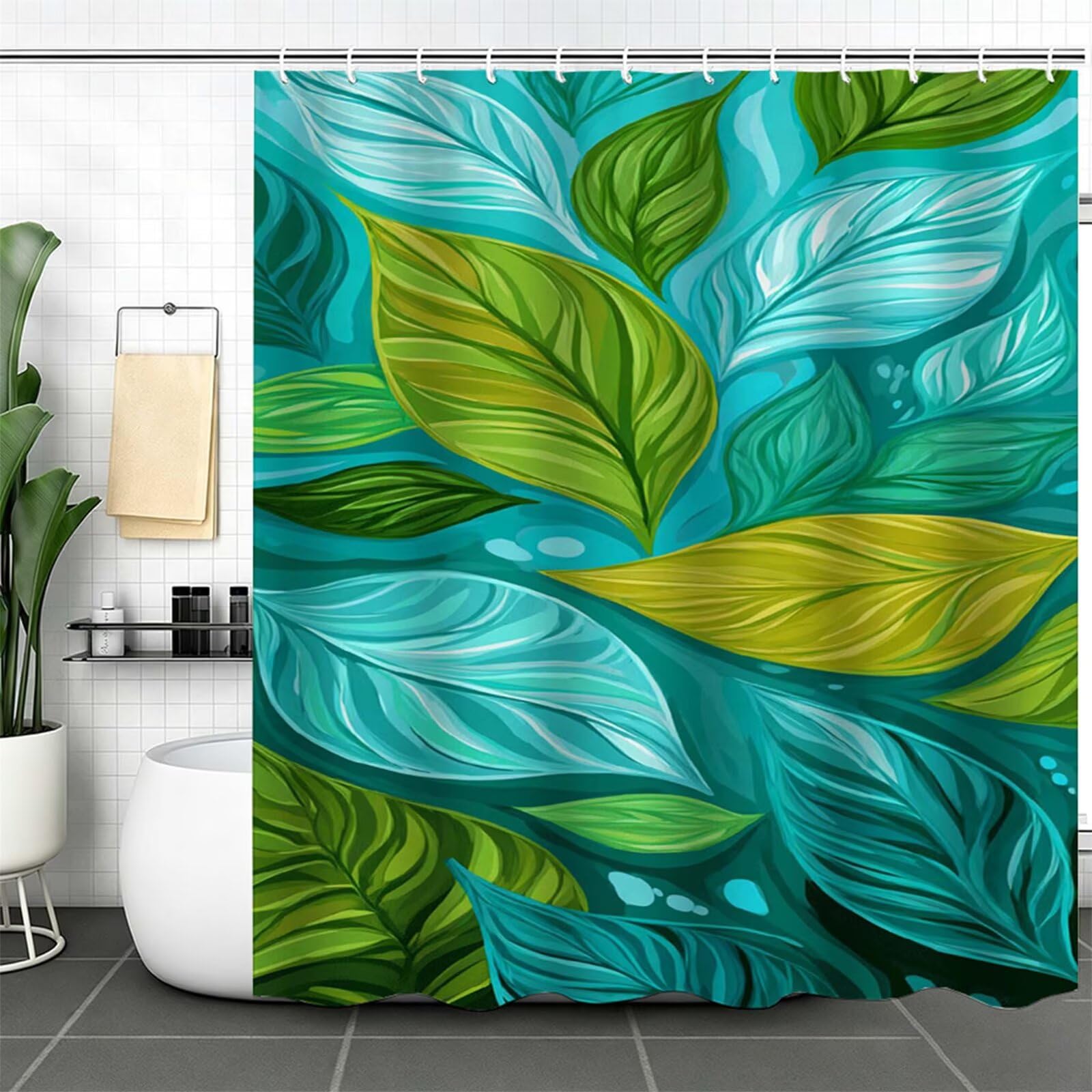 Duschvorhang Blau, Polyester Stoff aus Textil – Wasserdicht – Waschbar – Inkl 12 Ringe – Badewannenvorhang für Dusche & Badewanne, Shower Curtains 240x200cm Blätter J-748