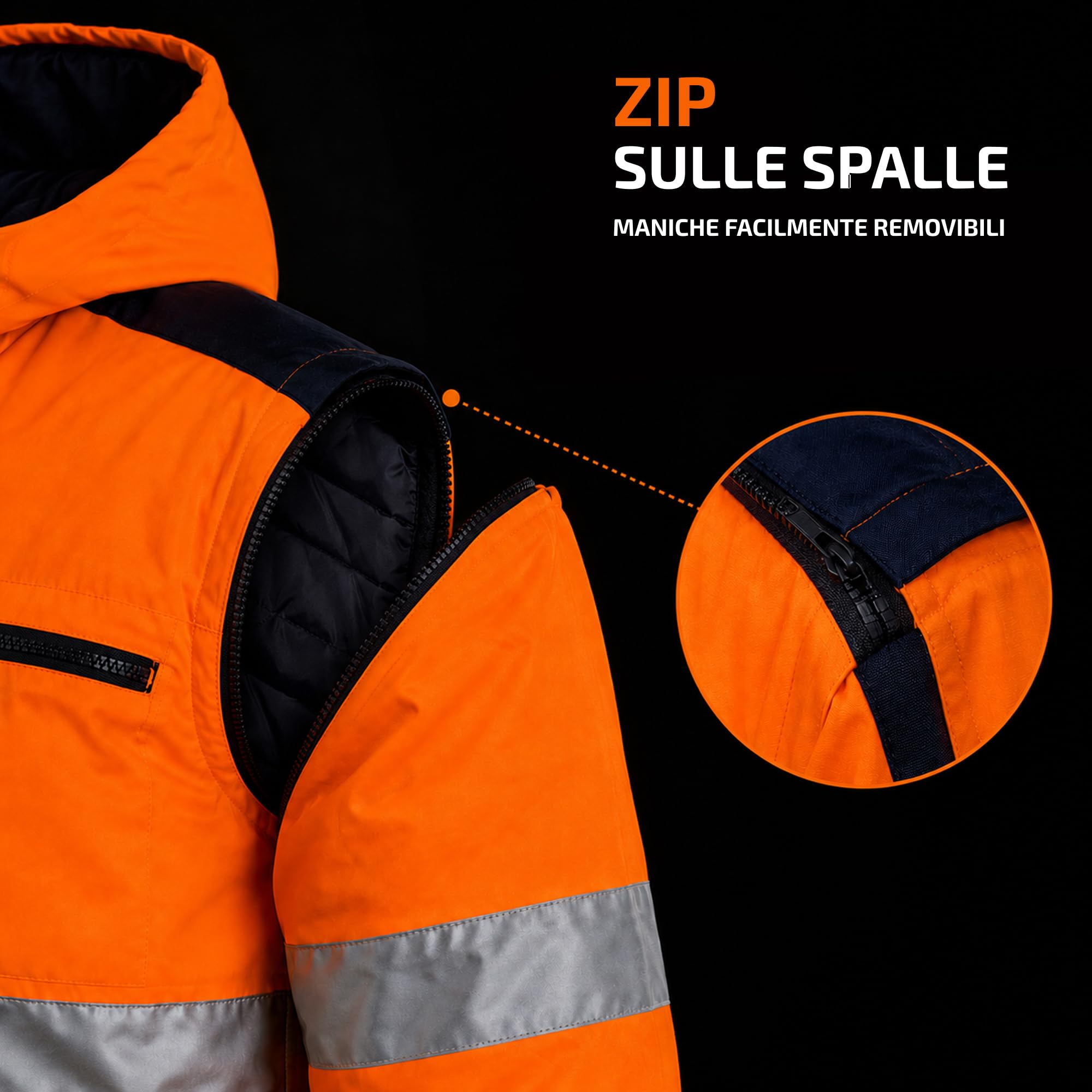 Giacca ad Alta Visibilità Softshell Imbottita con Catarifrangenti, Anti-Pioggia, Arancione/Blu Navy