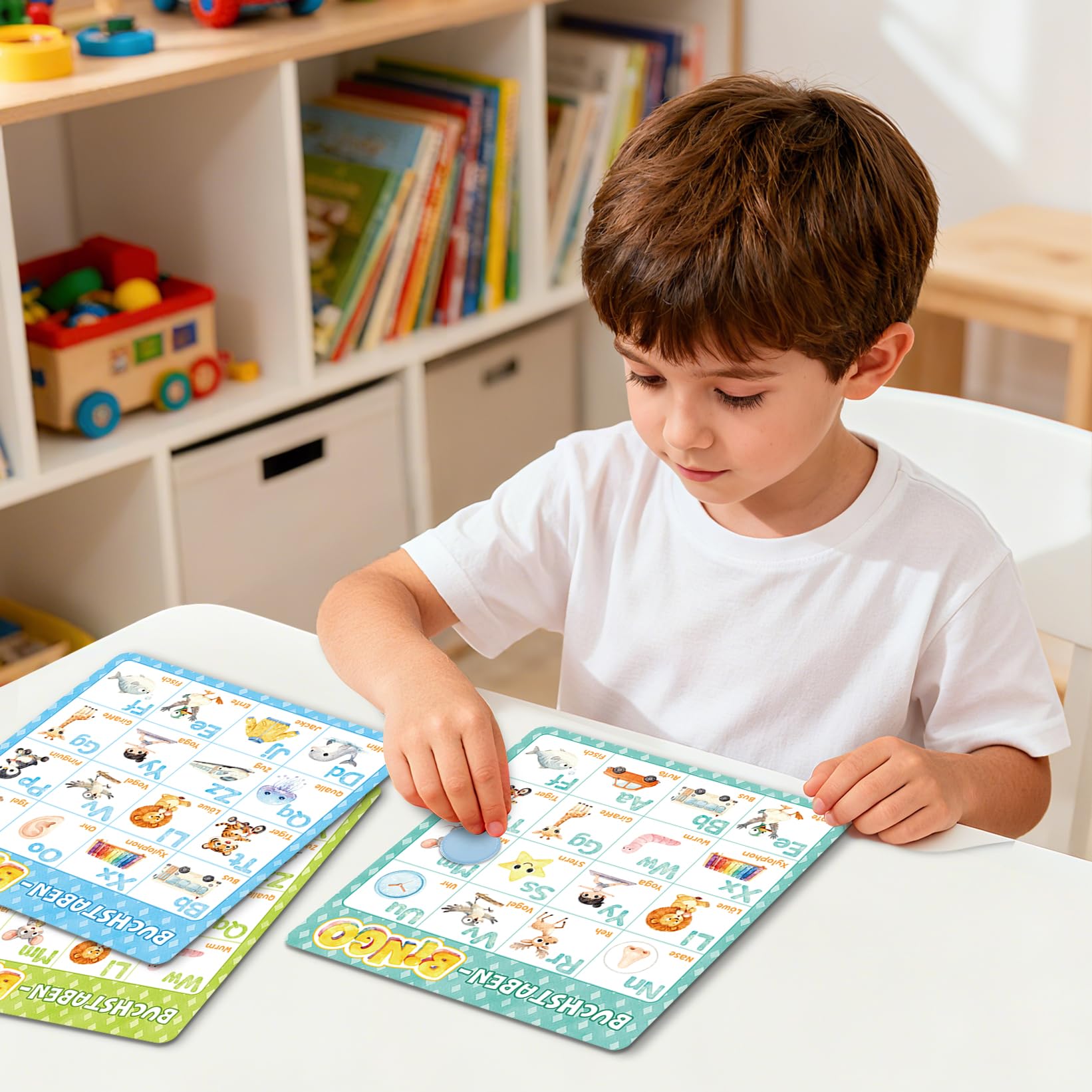 BIROYAL ABC Bingo Spiel Kinder ab 4 5 6 Jahre - Buchstaben Lernspiel für Schulanfänger - Lernspiel 1. Klasse - Gesellschaftsspiel Kinder - Einschulung Geschenk - Lernspielzeug