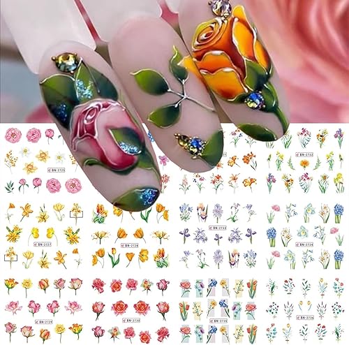 12 calcomanías de tulipán, rosa, lavanda, diseños de uñas, suministros de decoración, transferencia de agua, calcomanías de uñas de flores para arte