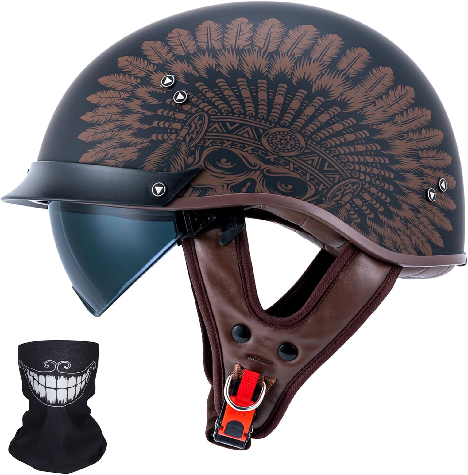 VCOROS Half Helmet Motorcycle DOT Approved Open Face Helmet with Sun Visor and Quick Release Buckle for Adults Men and Women(F07A-Indian,L)