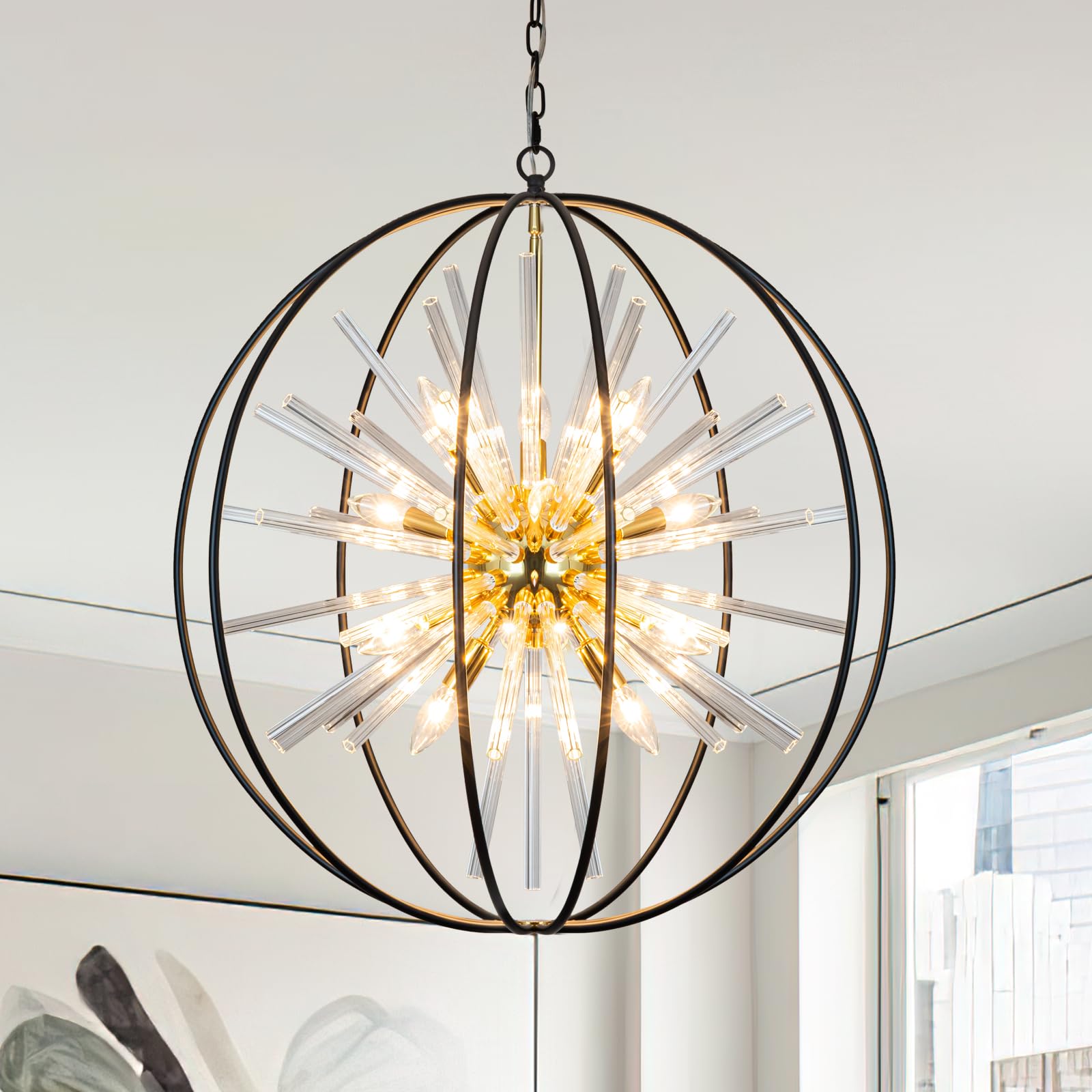 Black and Gold Crystal Foyer Entryway Chandelier 12-Light Globe Modern Farmhouse Chandeliers Light Fixtures for High Ceiling Dining Room Living Room Kitchen Island Entrance Hallway