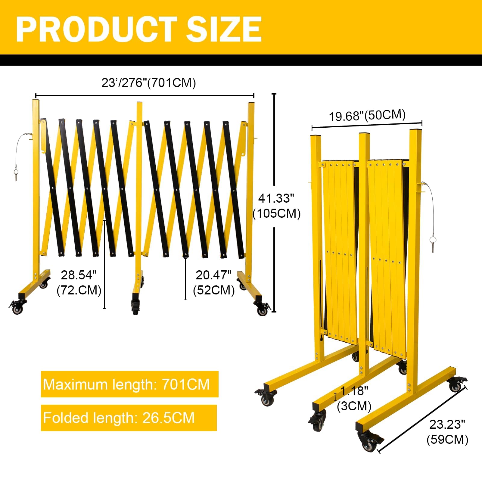 Barriera Retrattile, Barriera Espansibile in Acciaio con Altezza di 1,05 m Hx7 m L, Barriere di Sicurezza per Parcheggio con Ruote Bloccabili, Barriera per Cantiere (7m L)