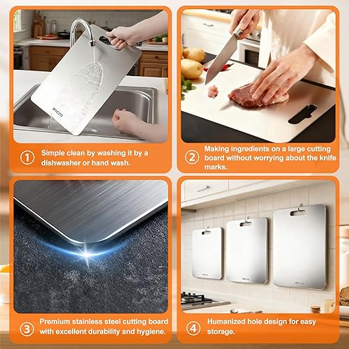 Miniatura 4 de MICZG Tabla de cortar para cocina, fácil de limpiar, tabla de cortar de acero inoxidable de grado alimenticio de doble cara para mostrador del