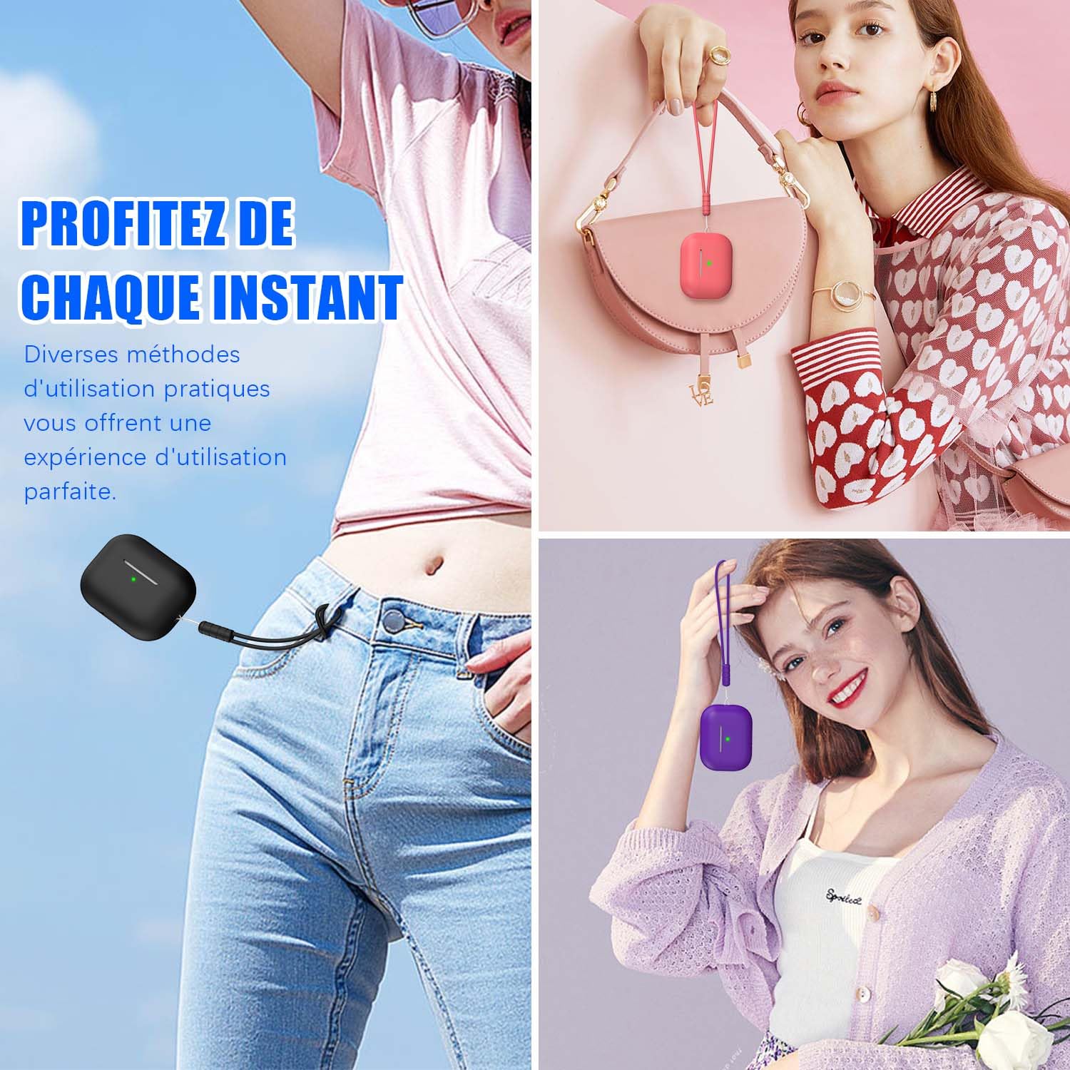 Coque pour AirPods Pro 2e génération Silicone Anti-Chute Noir avec Porte-clés