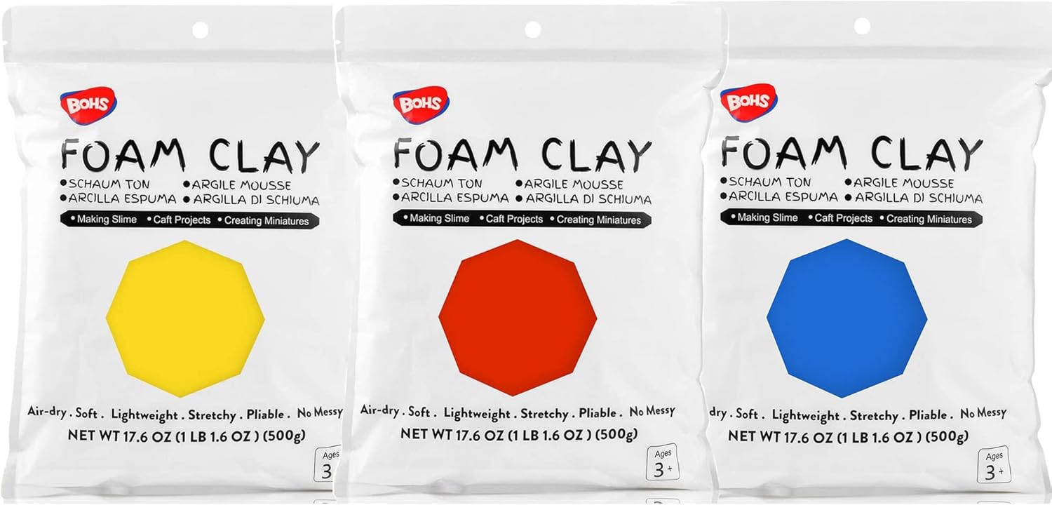 BOHS White Modeling Foam Clay+Primary Foam Clay (Red,Blue,Yellow), Squishy,Soft, Air Dry -for School Project,Cosplay,Fake Bake, Slime Supplies