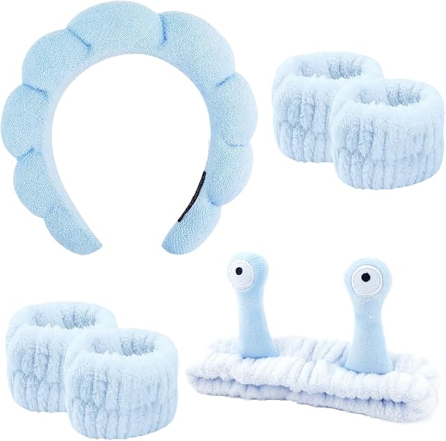 Spa Headband and Wristband Set, Face Wash Headband Makeup Skincare Headband Wrist Bands for Washing Face (blue)