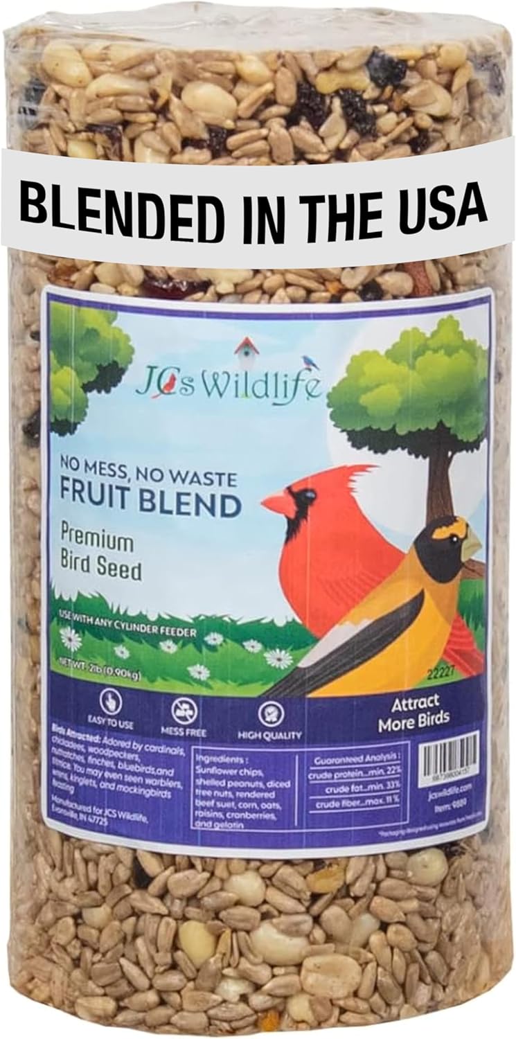 JCs Wildlife No Mess, No Waste Fruit Blend Premium Bird Seed Small Cylinder, Bird Food for Attracting Various Species, Ideal for Backyards, Easy-to-Use, Mess-Free Design, 2 lb, Pack of 1