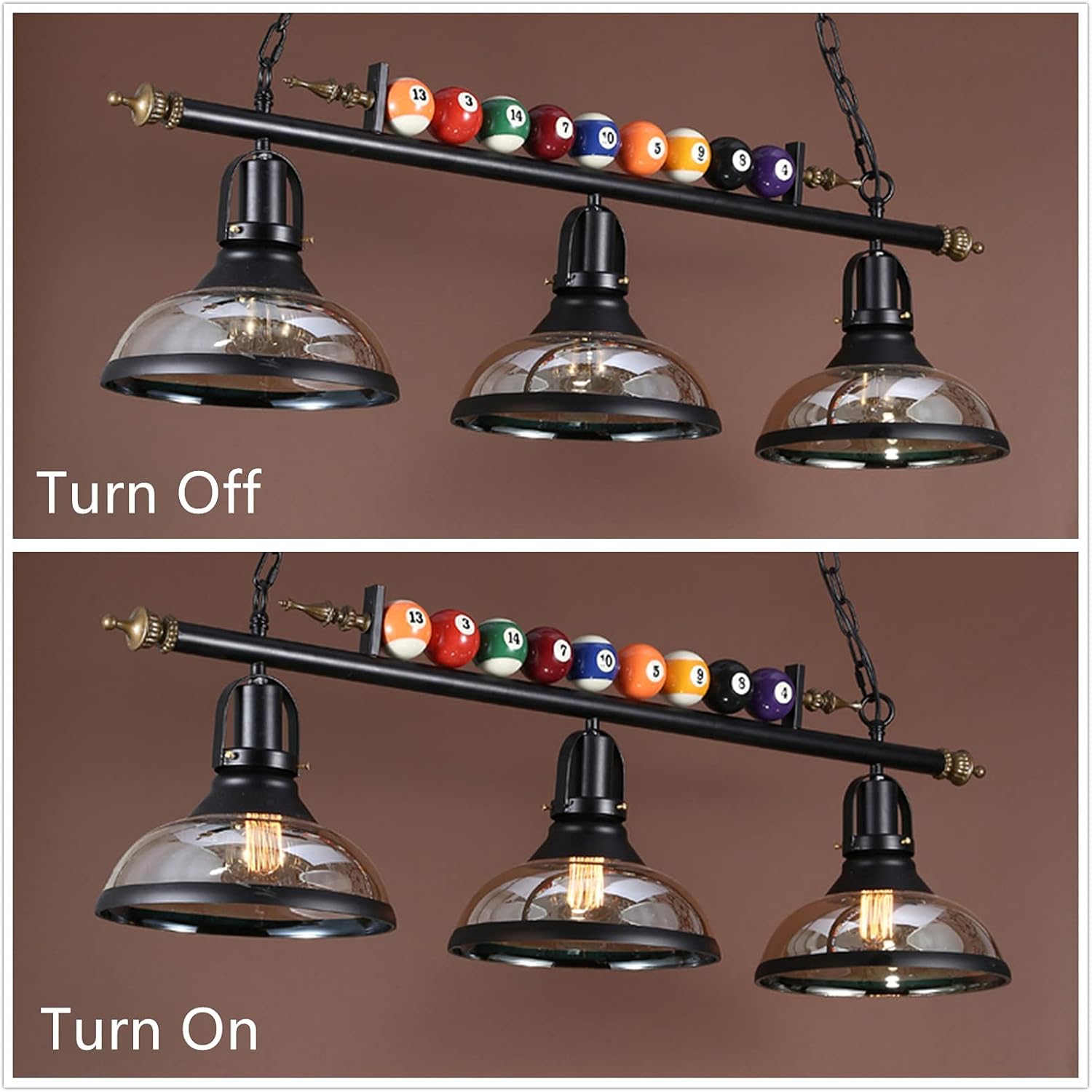 PURESILKS Billiard Pendant Light Black Metal Ball Design 3 Glass Shades Ceiling Fixture Chandelier for Game Room Bar Pool Table Lighting