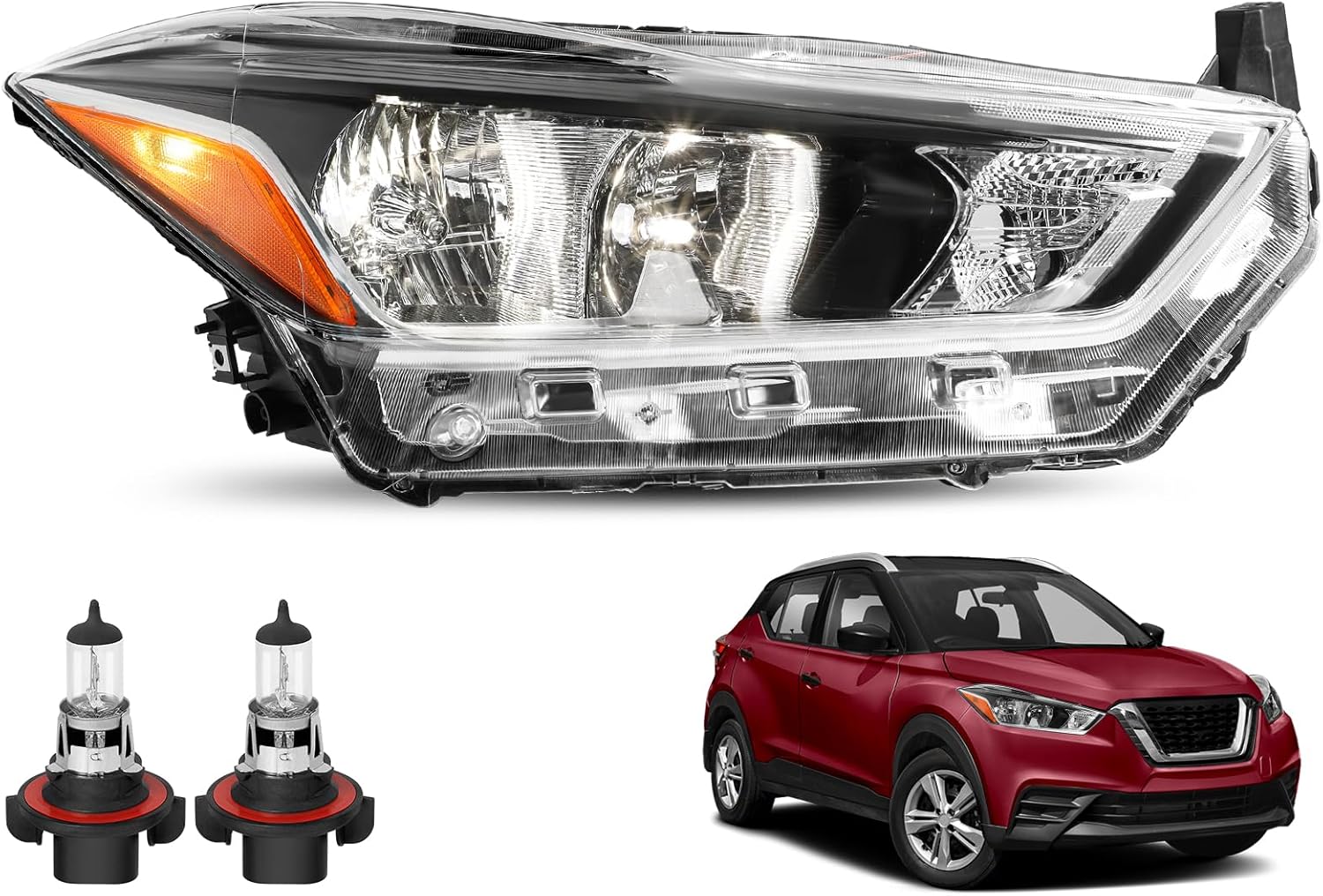 SOCKIR Halogen Headlight Assembly w/o Bulbs Compatible with 2017 2018 2019 2020 Nissan Kicks S/SV Replacement Headlamp Driver & Passenger Side LH+RH