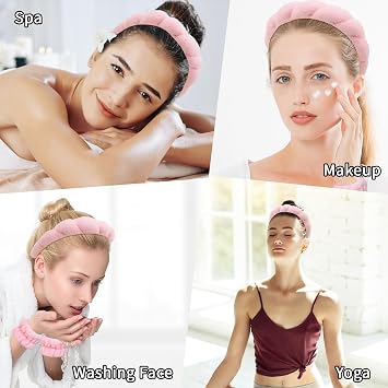Casoty Spa Headband with Wristband Set, Pink Terry Cloth Non-Slip Hairband Soft Stretchy Skincare Makeup Headwear for Washing Face Yoga Daily Women Girls
