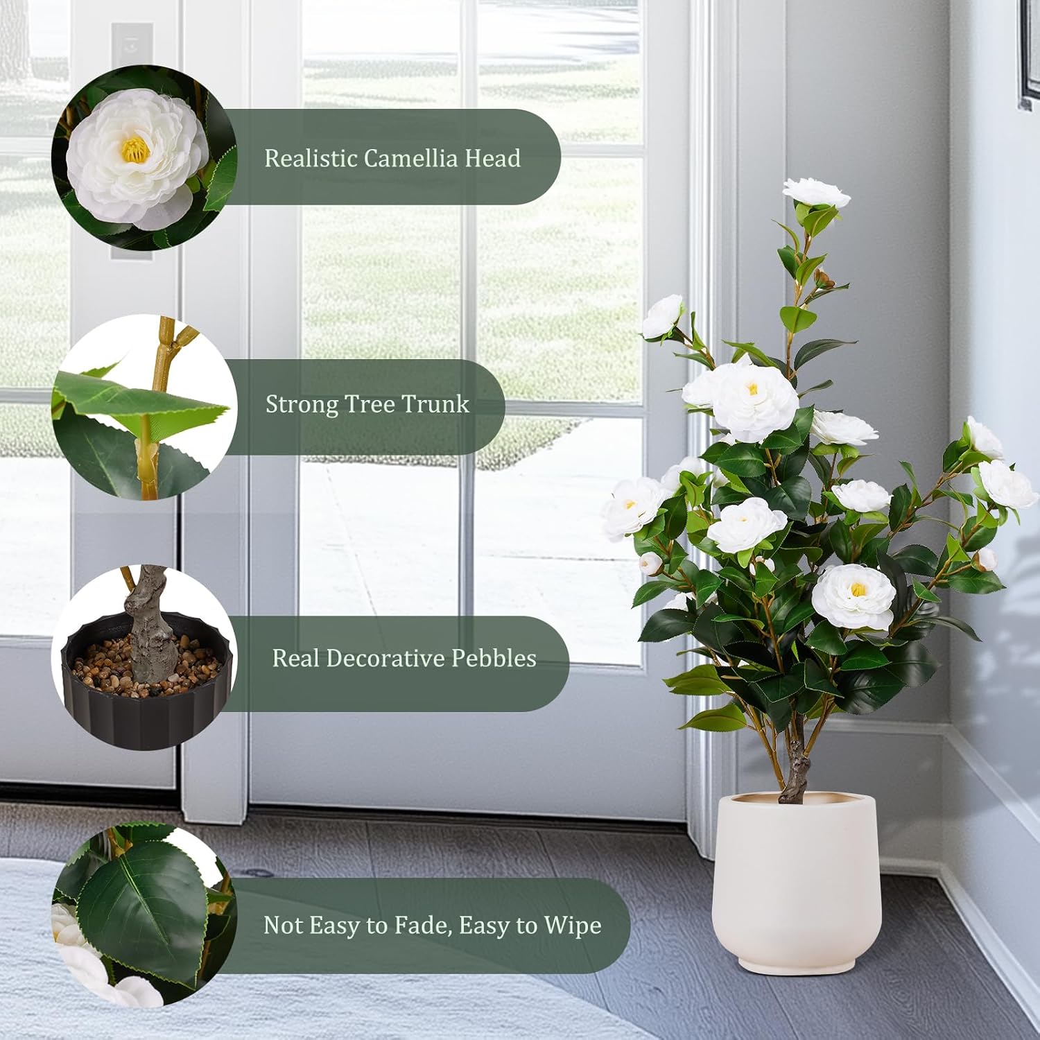 Artificial Camellia Tree 2 Pack, 3FT Faux Camellia Tree with Planter, Fake Plants Potted Camellia with Lifelike Flower for Living Room Office Decor Indoor