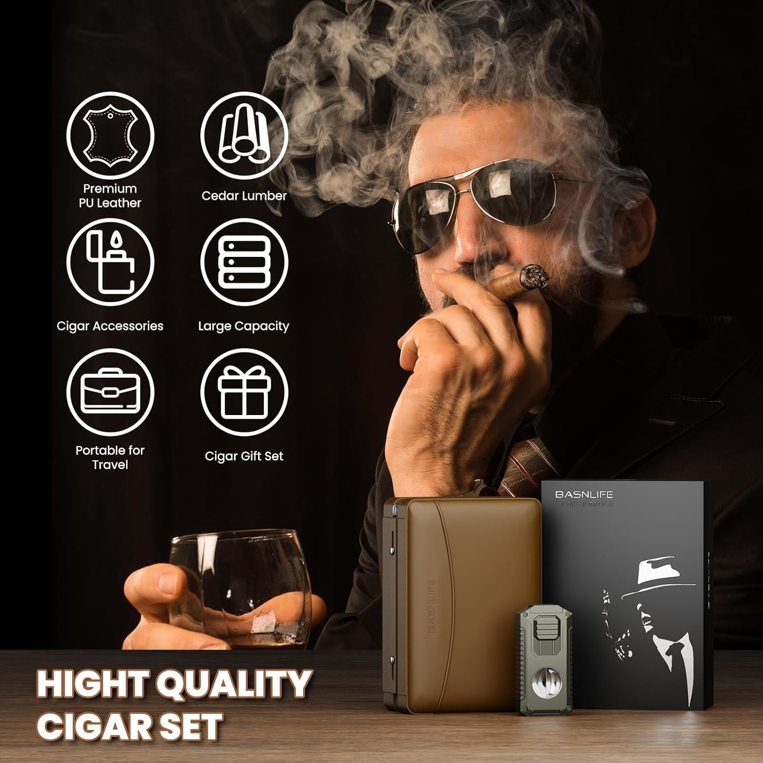 Cigar Humidor Cases, Leather Travel Cigar Box with 5 In-1 Cigar Lighter, Ideal Cigars Accessories Kit Gift for Cigar Lovers (Brown)