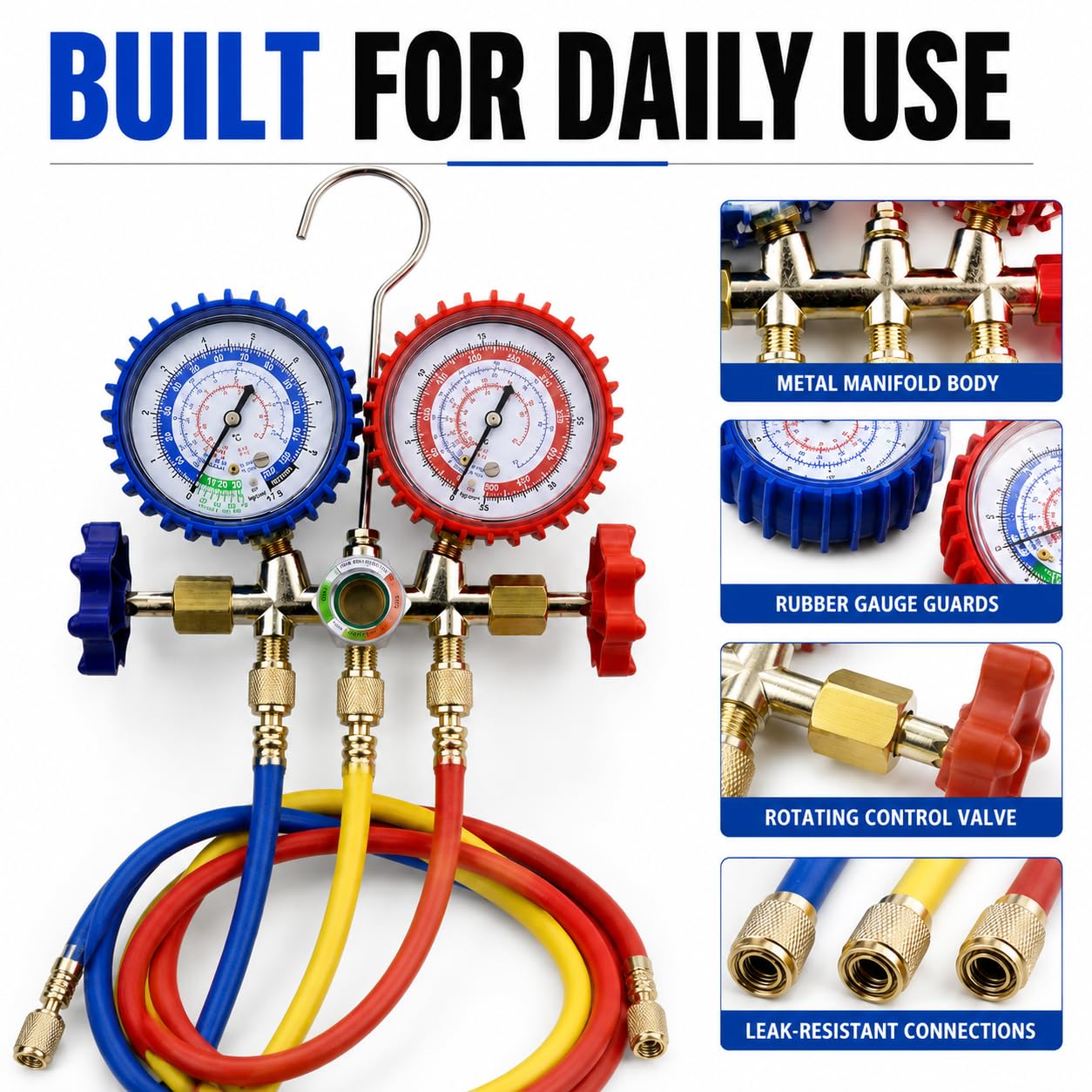 Condition photo showing As Is for ac recharge kit r134a, hvac gauges 3-way manifold set for r134a r12 r22 r502 – 4ft 3-color hoses, r410a adapter & 2 quick couplers, ac gauge set for auto & home, r22 refrigerant for home ac
