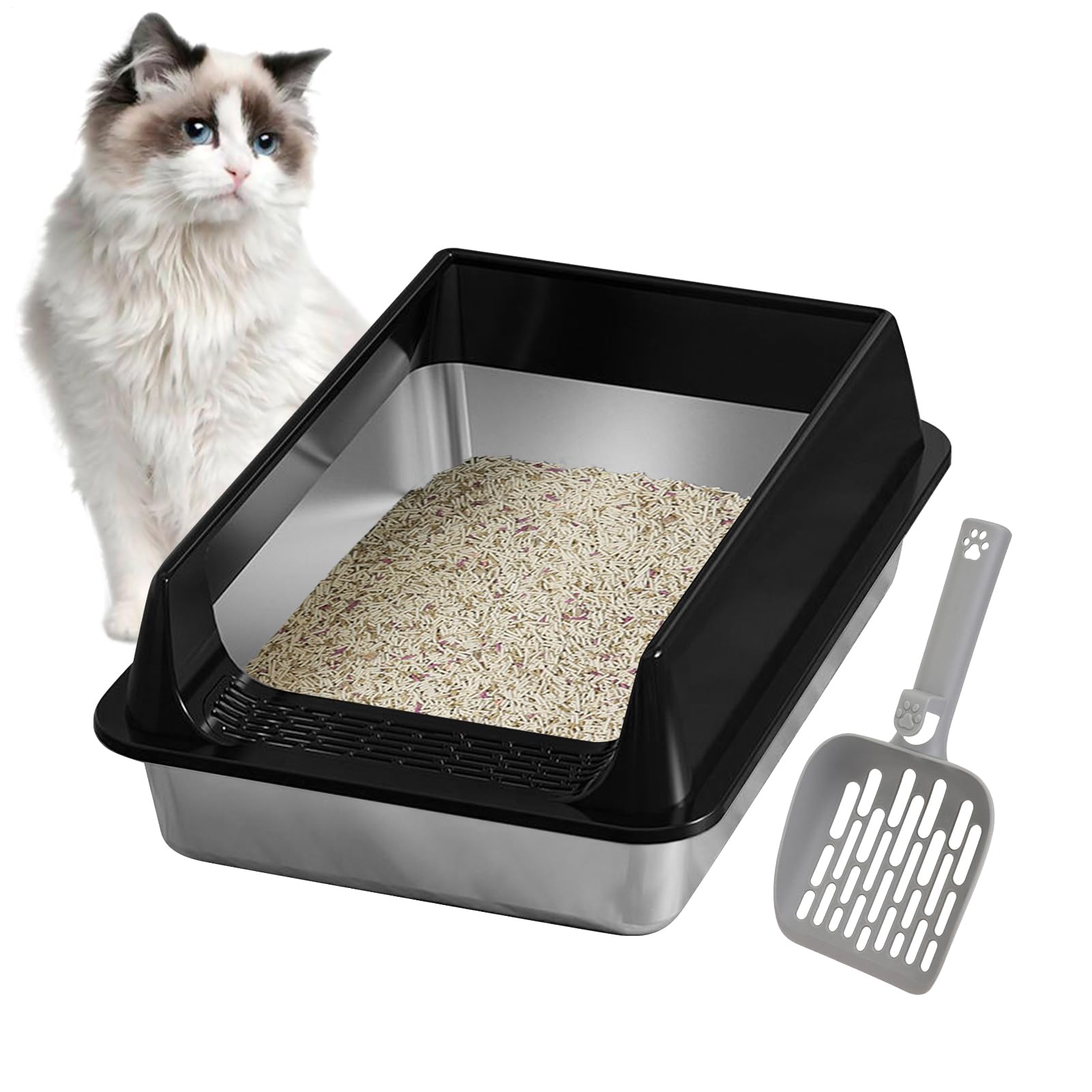 Stainless Steel Cat Litter Tray High Edge with Scoop Pet Accessory Easy Clean for Large Cat Apartment Balcony Garden