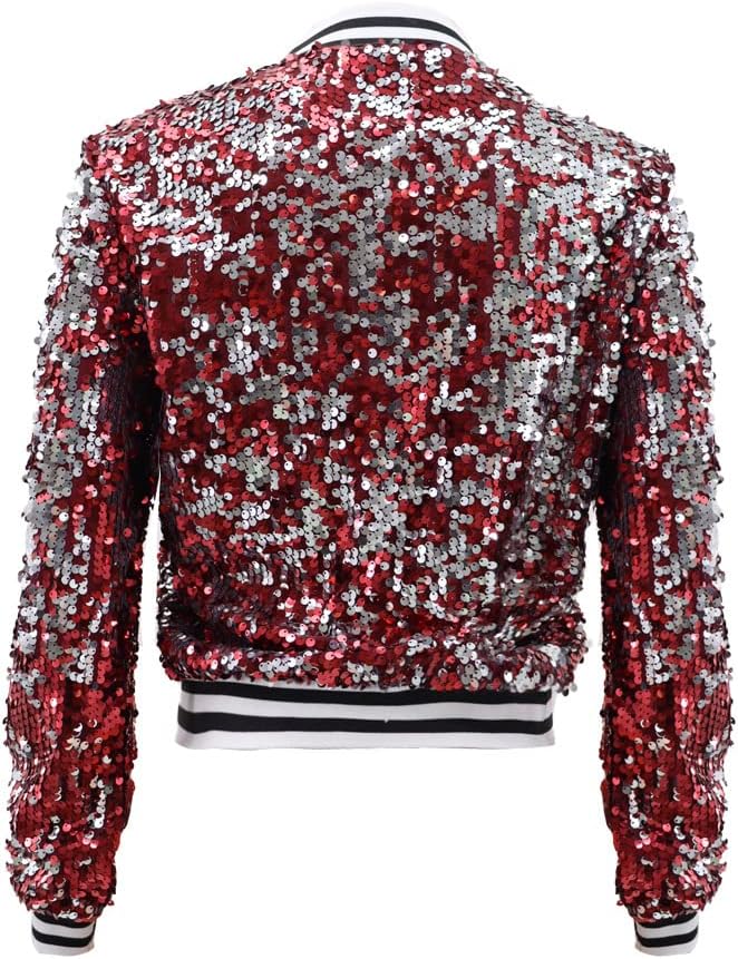 Women Sequin Jacket Long Sleeve Front Zipper Ribbed Blazer Bomber Jacket - Image 5