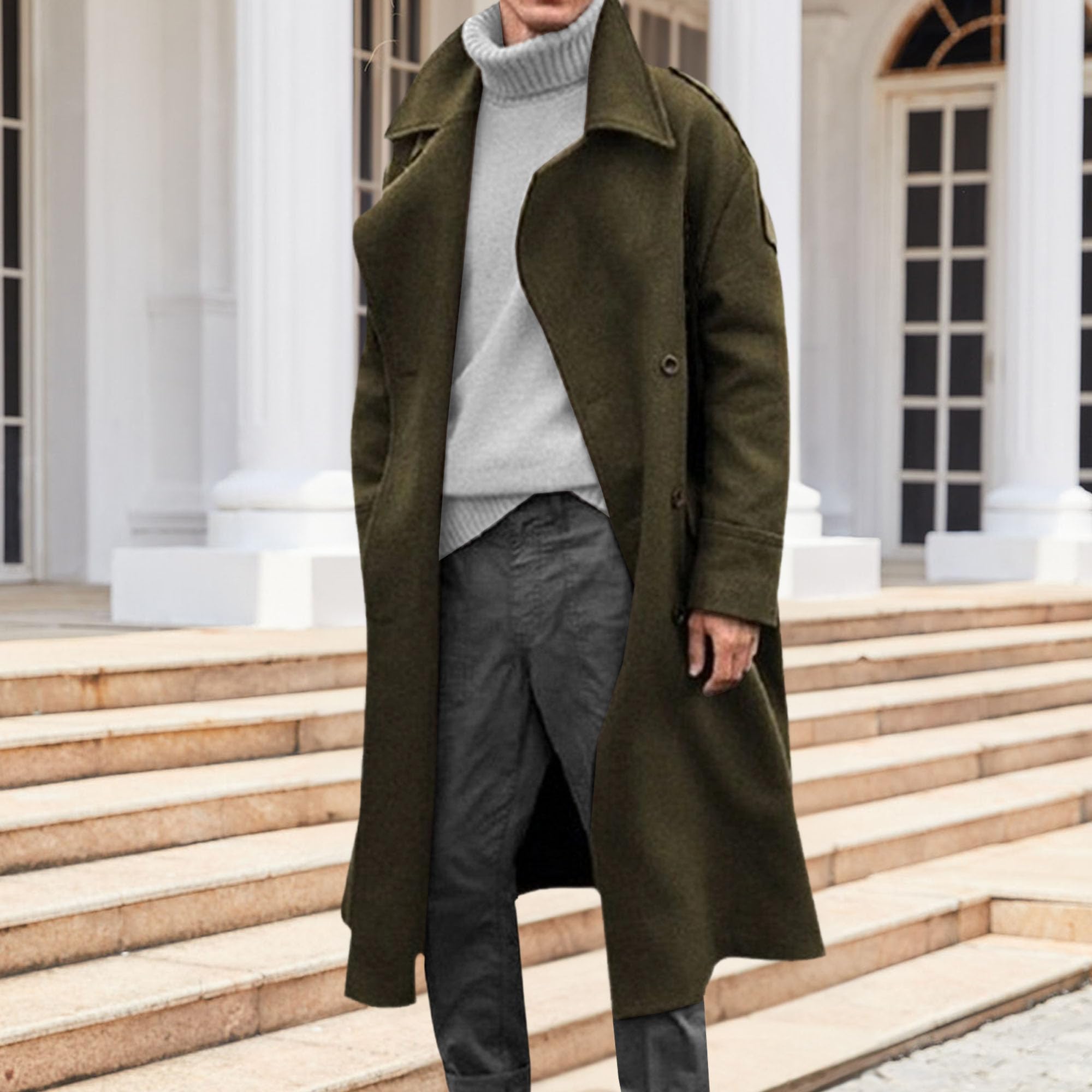 Gabardina larga con solapa de muesca para hombre, botonadura única, longitud a la rodilla, abrigo térmico de invierno, mezcla larga, abrigo casual