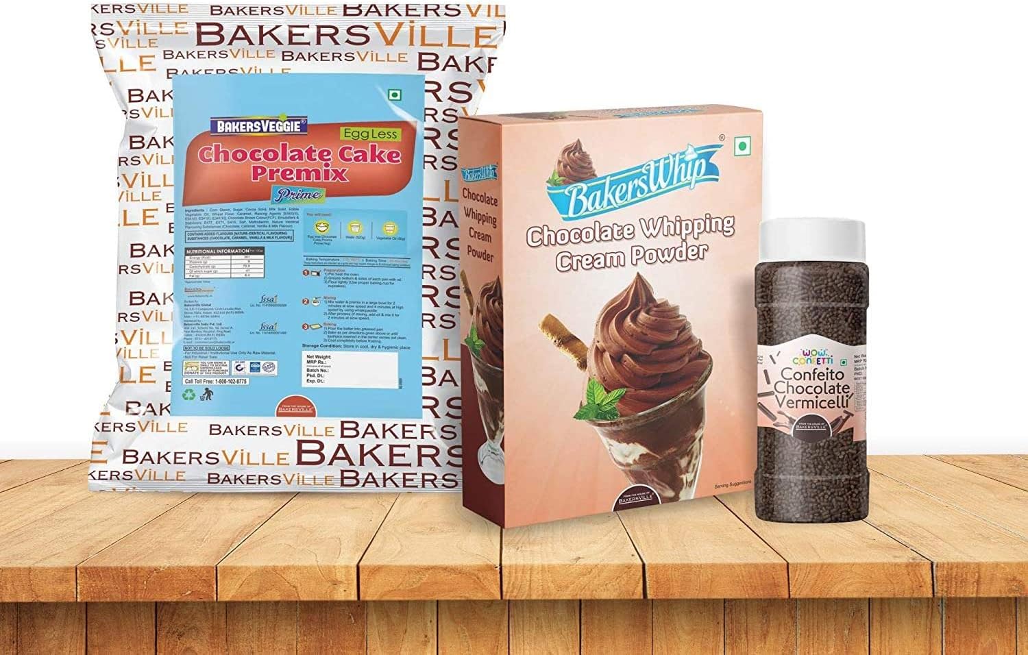 Bakersville Cake Decoration Kit – Combo of Chocolate Whipping Cream Powder (450g), Cake Premix (1kg) & Chocolate Vermicelli (125g)