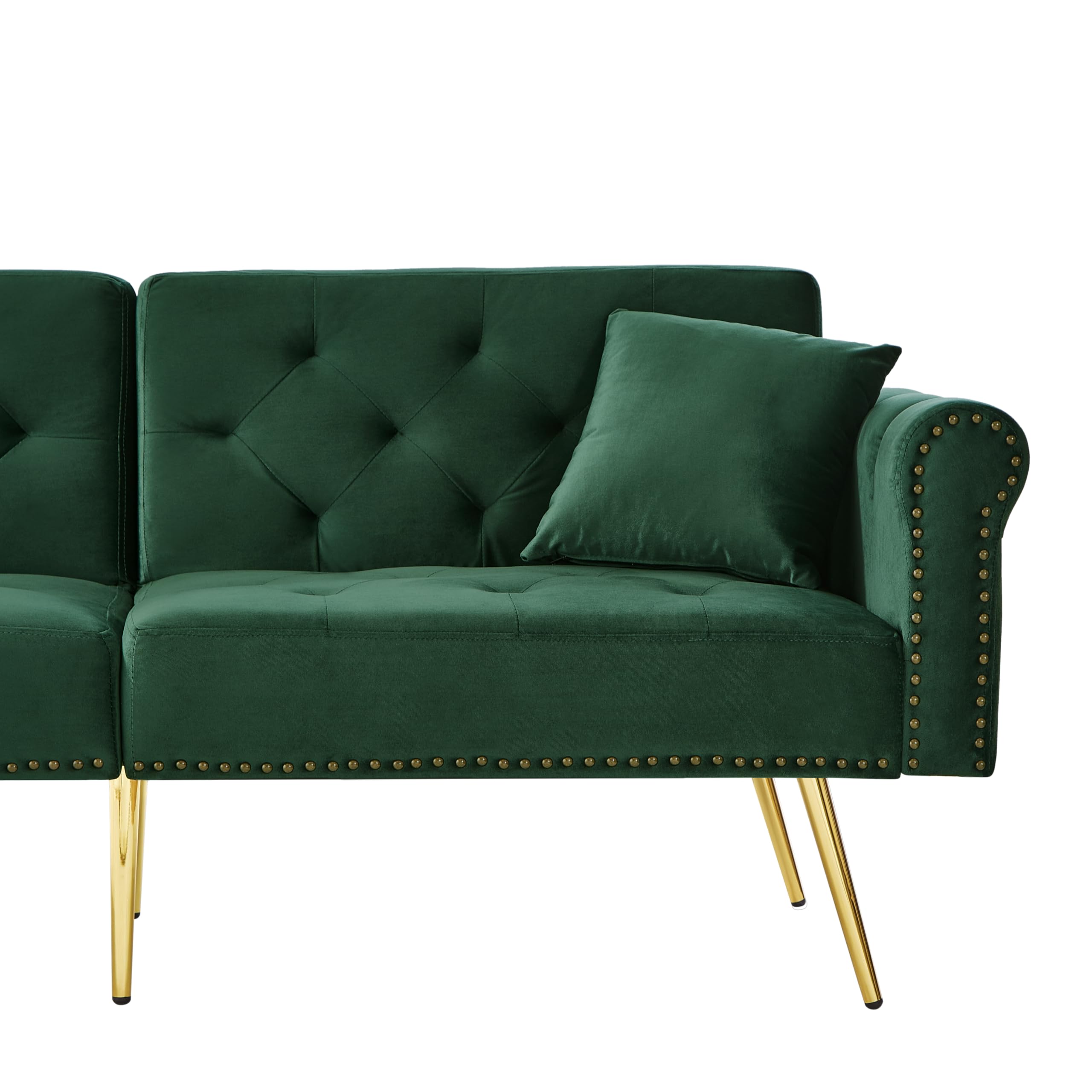 Azkoeesy Elegante sofá cama de 2 plazas, tapizado en terciopelo, 178 cm, con 3 niveles de ajuste, patas de metal dorado, 2 cojines, acabado con remaches (verde envejecido)