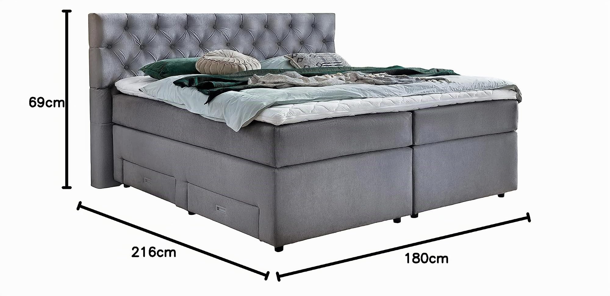 Belanoti Lara Boxspringbett 180x200 mit 4 Schubladen Stauraum Bett 180x200 mit Bettkasten in der Farbe Hellgrau H2 und H3 Chesterfield Kopfteil 7-Zonen Taschenfederkern Matratze inkl. Visco Topper