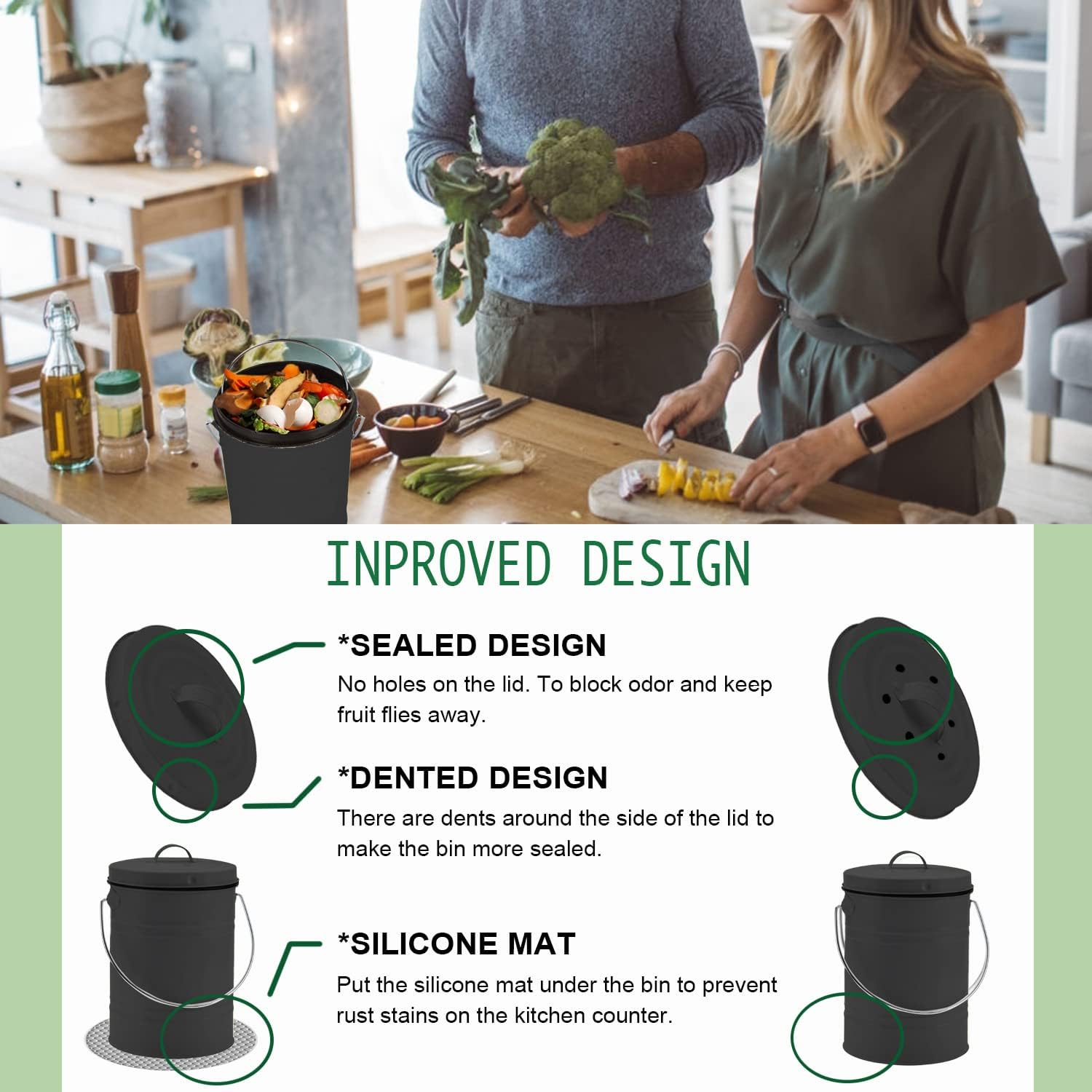Compost Bin, LALASTAR Countertop Compost Bin with Lid, Kitchen Compost Container, Odorless Compost Bucket for Kitchen Food Waste with Carrying Handle, 1 Gallon, Black