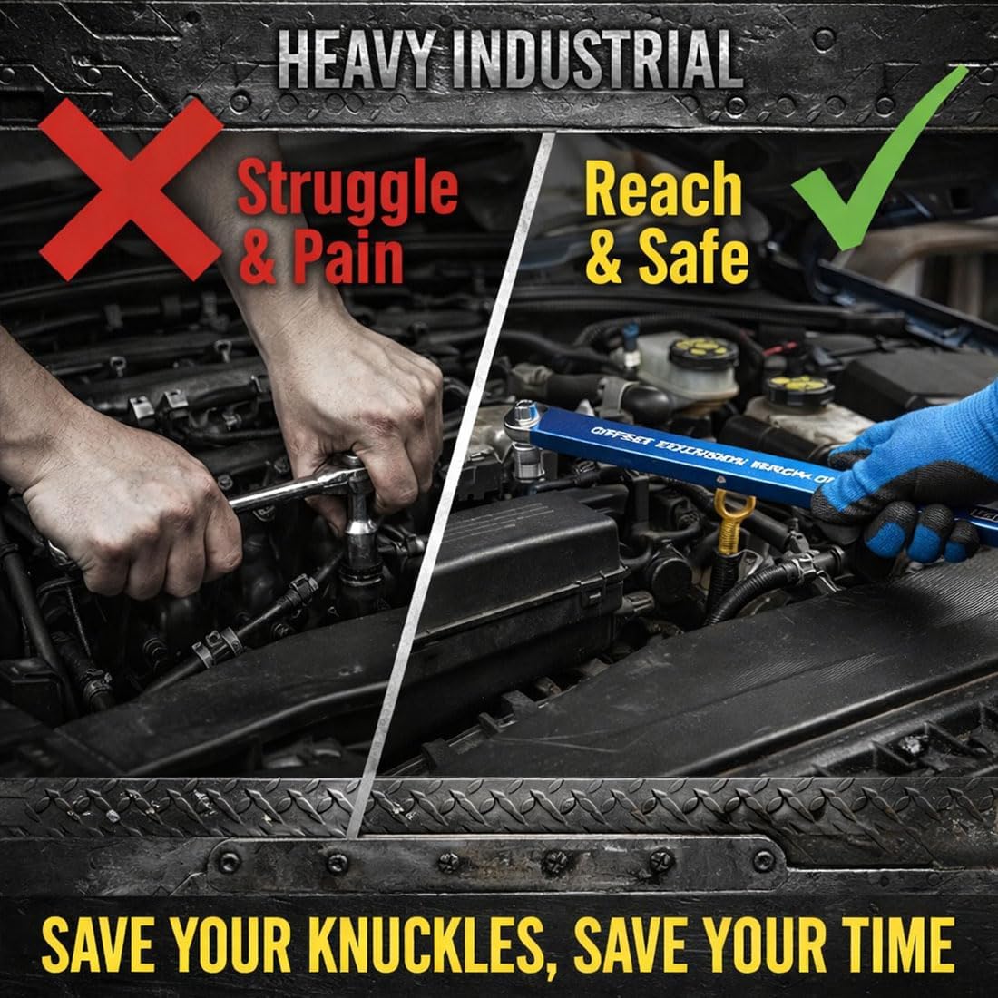 Pro - Offset Extension Wrench Set, 15-Inch Impact Ready Tight Reach Tool with 1/4", 3/8" & 1/2" Drive Adapters - High Torque Zero Offset Ratchet Extender for Automotive & Hard-to-Reach Spaces (2PCS)