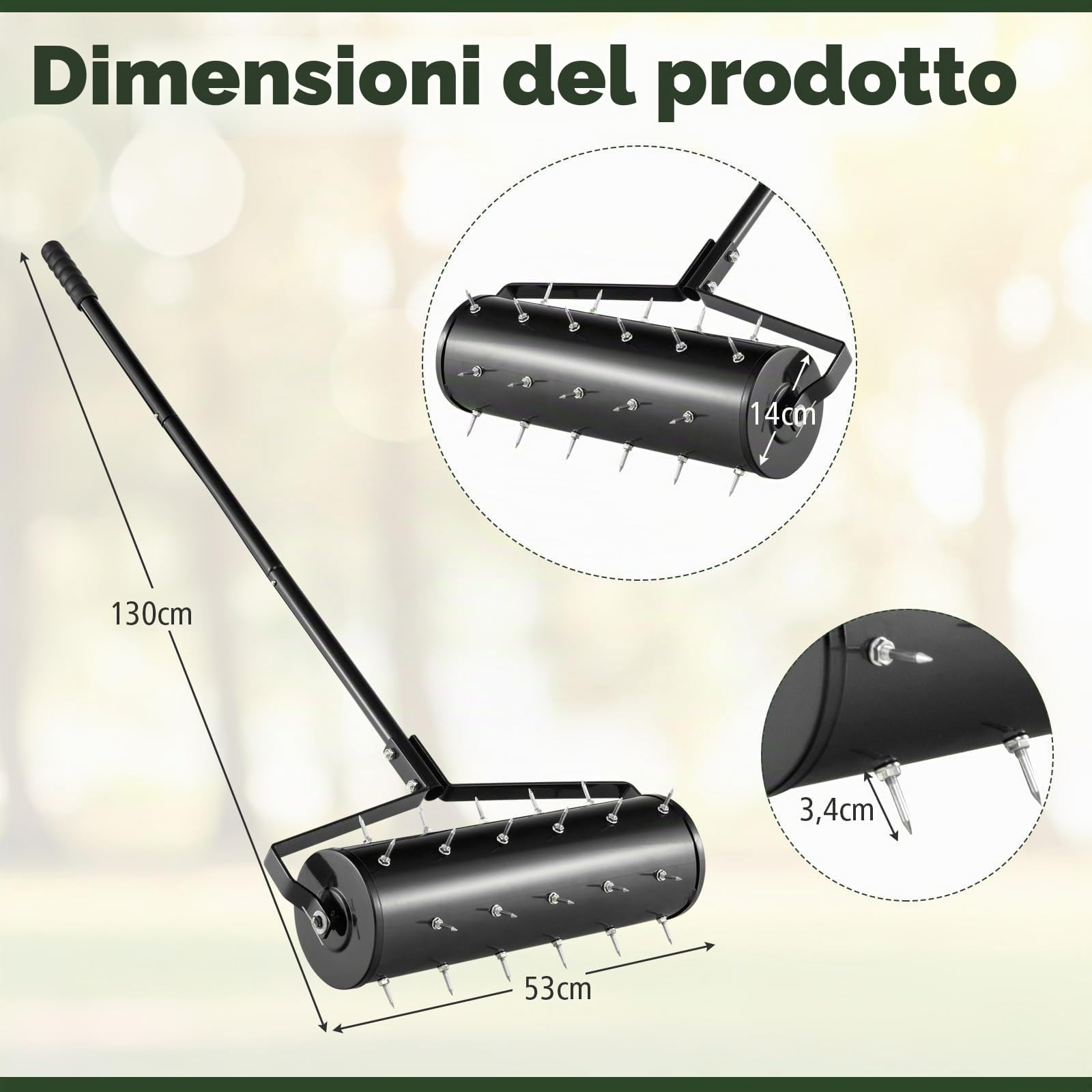 FANTASK Aeratore Manuale per Prato a Rullo, 53 x 130 cm, Rullo per Prato con Manico e Chiodi, scarificatore Manuale Rotante, aeratore per Prato, Rullo da Giardino, Nero