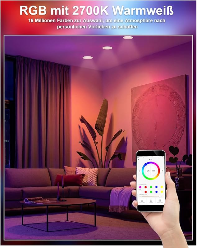 VARICART RGB LED Süllyesztett Spotlámpa Szett - 6 db Bluetooth Okos Mennyezeti Világítás, Alexa Kompatibilis, Színváltós, Szabályozható, Zen