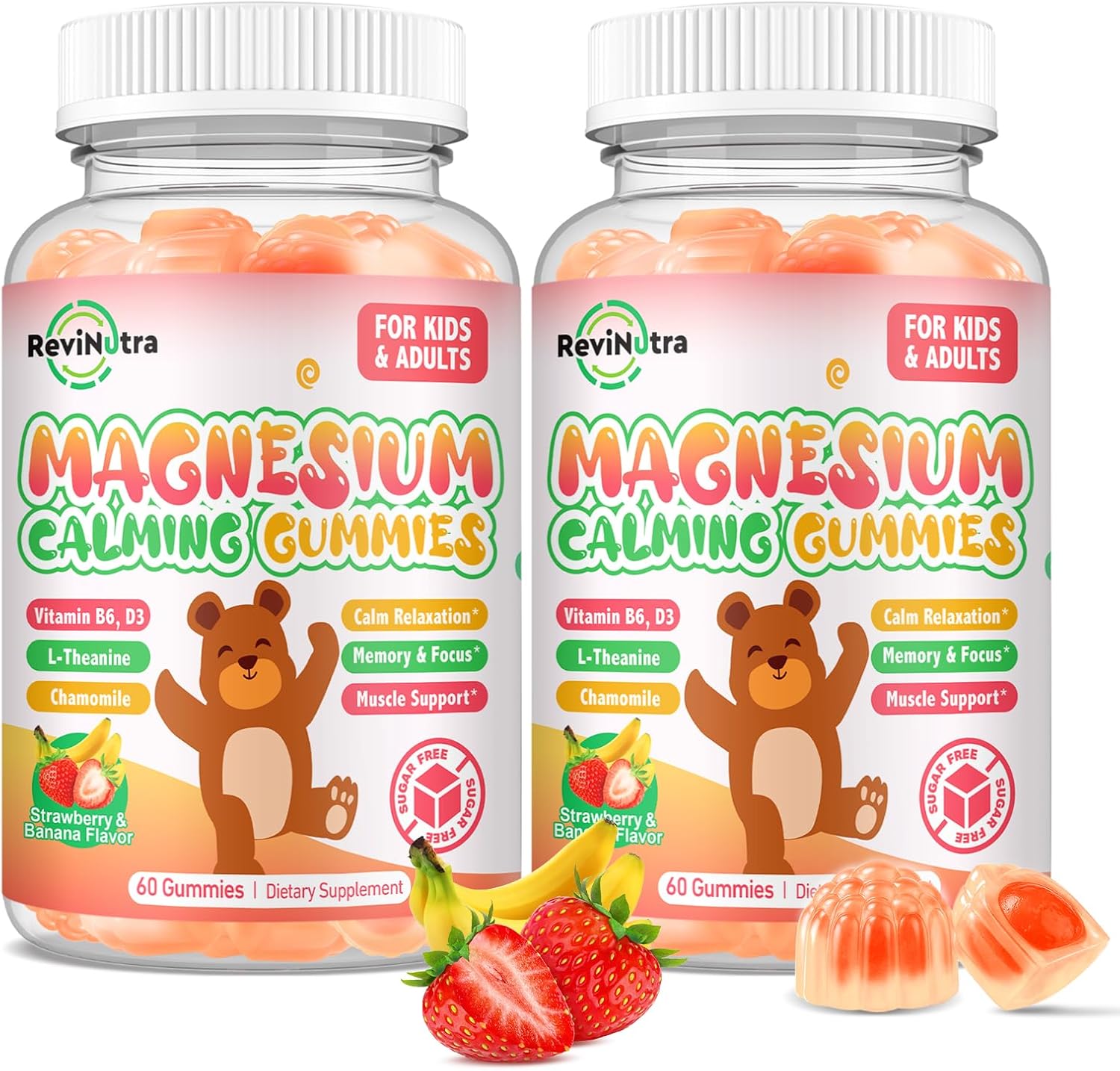 Magnesium Gummies for Kids - Magnesium Glycinate Gummies with L-Theanine, Vitamin B6, D3 for Kids & Adults Sleep, Calm, Relaxation, Brain, Bones, Muscle Relief, Sugar Free Banana & Strawberry 120ct