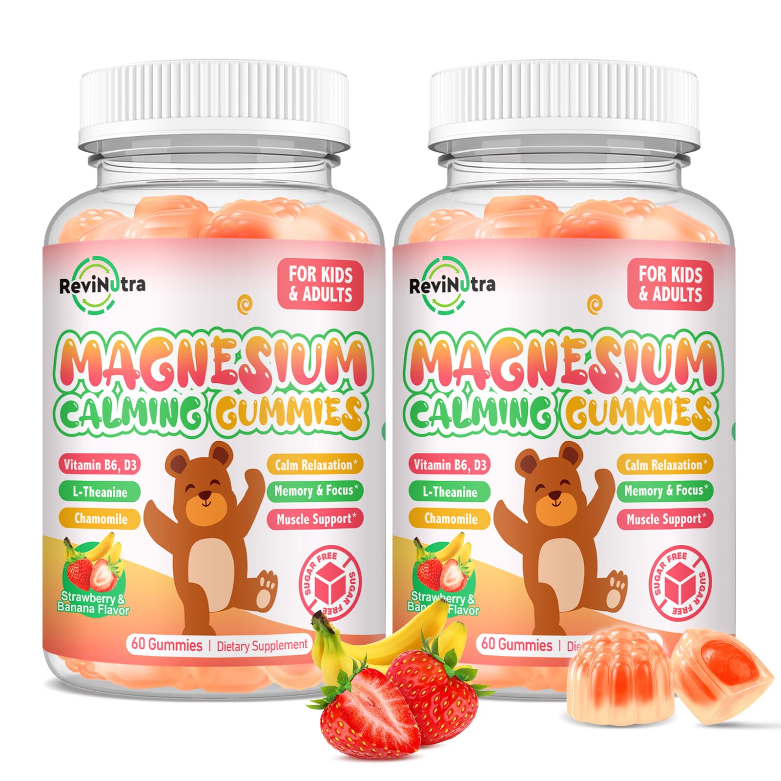 Magnesium Gummies for Kids - Magnesium Glycinate Gummies with L-Theanine, Vitamin B6, D3 for Kids & Adults Sleep, Calm, Relaxation, Brain, Bones, Muscle Relief, Sugar Free Banana & Strawberry 120ct Banana & Strawberry 60 Count (Pack of 2)